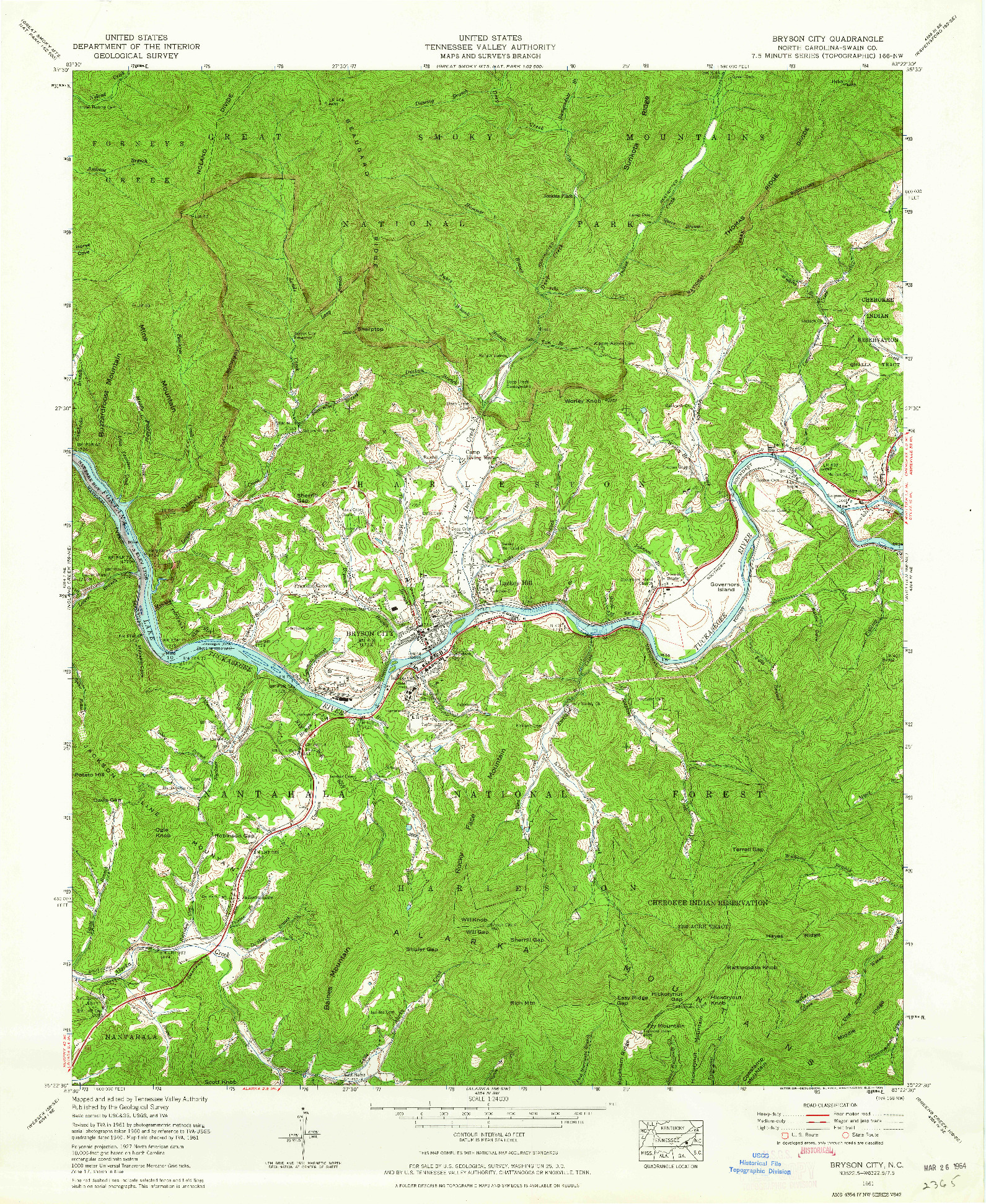 USGS 1:24000-SCALE QUADRANGLE FOR BRYSON CITY, NC 1961