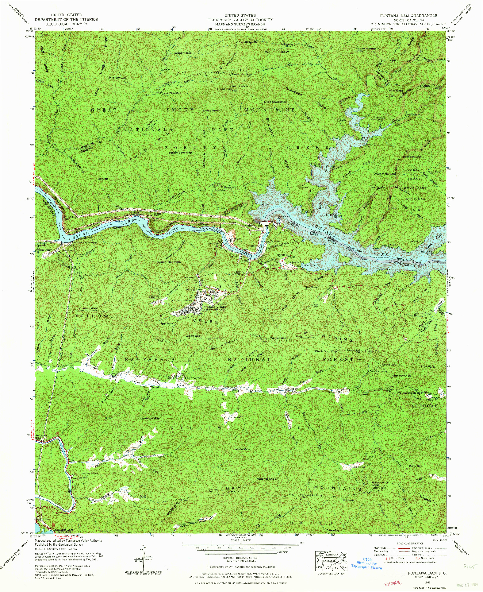 USGS 1:24000-SCALE QUADRANGLE FOR FONTANA DAM, NC 1961