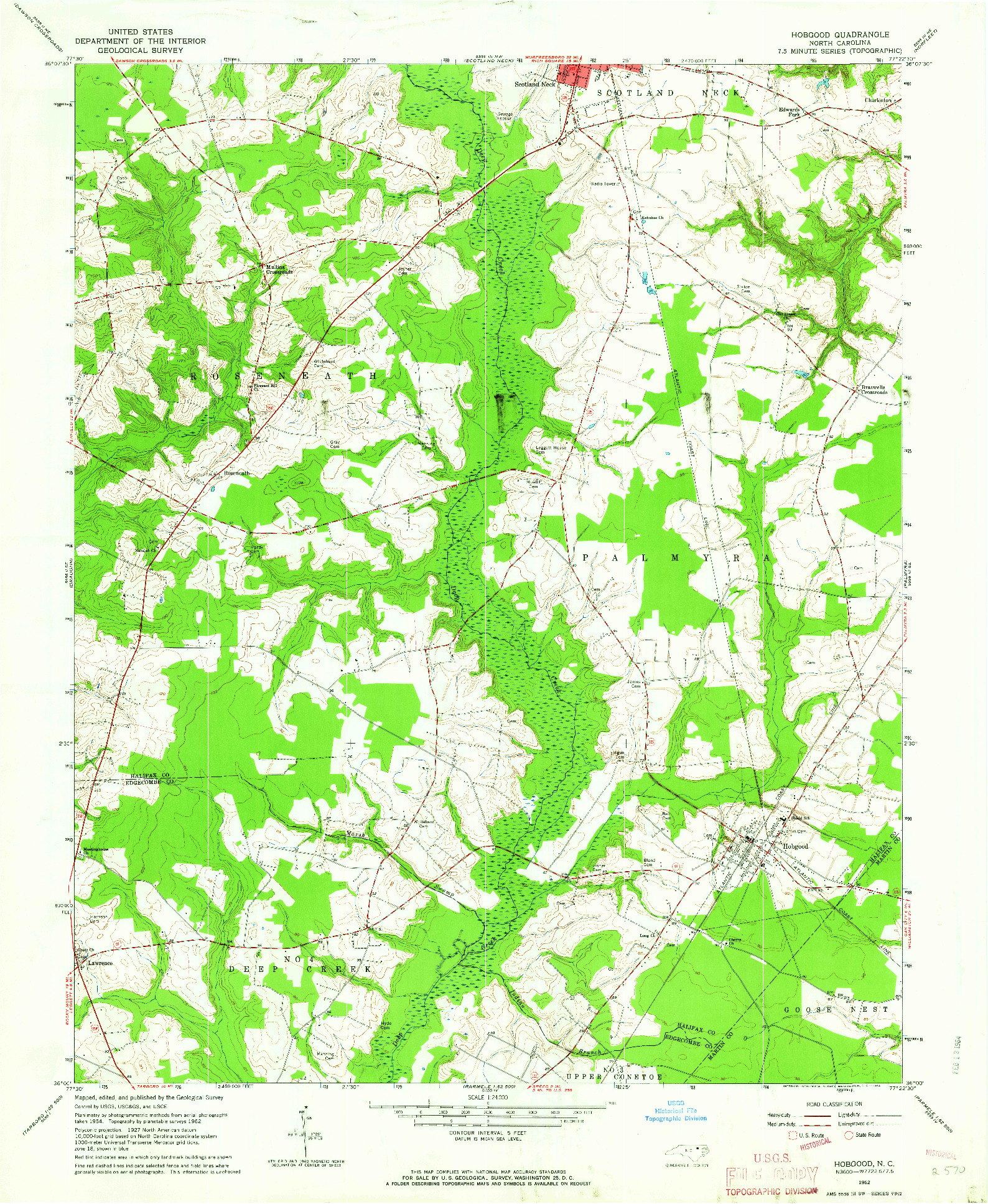 USGS 1:24000-SCALE QUADRANGLE FOR HOBGOOD, NC 1962