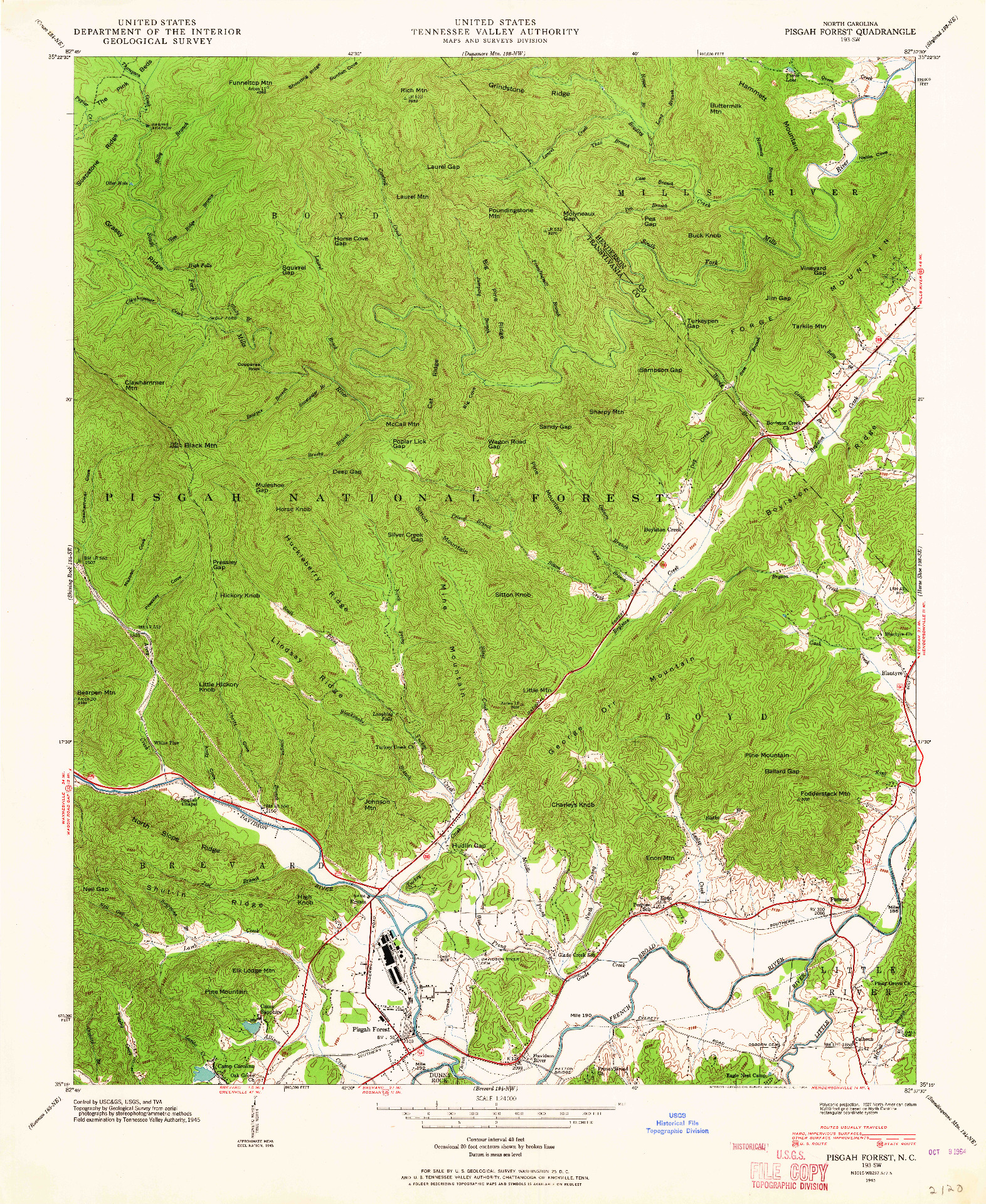 USGS 1:24000-SCALE QUADRANGLE FOR PISGAH FOREST, NC 1945