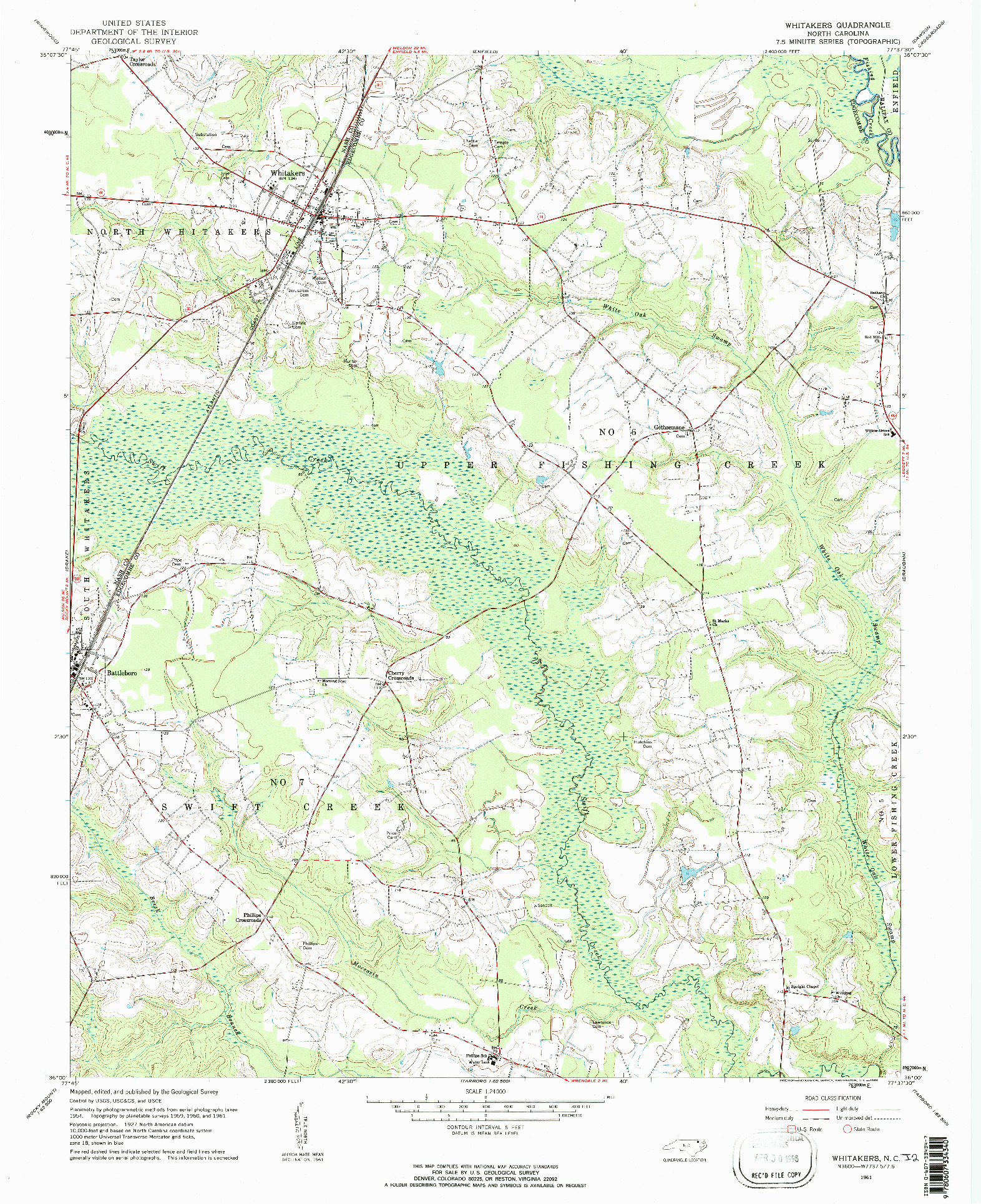 USGS 1:24000-SCALE QUADRANGLE FOR WHITAKERS, NC 1961