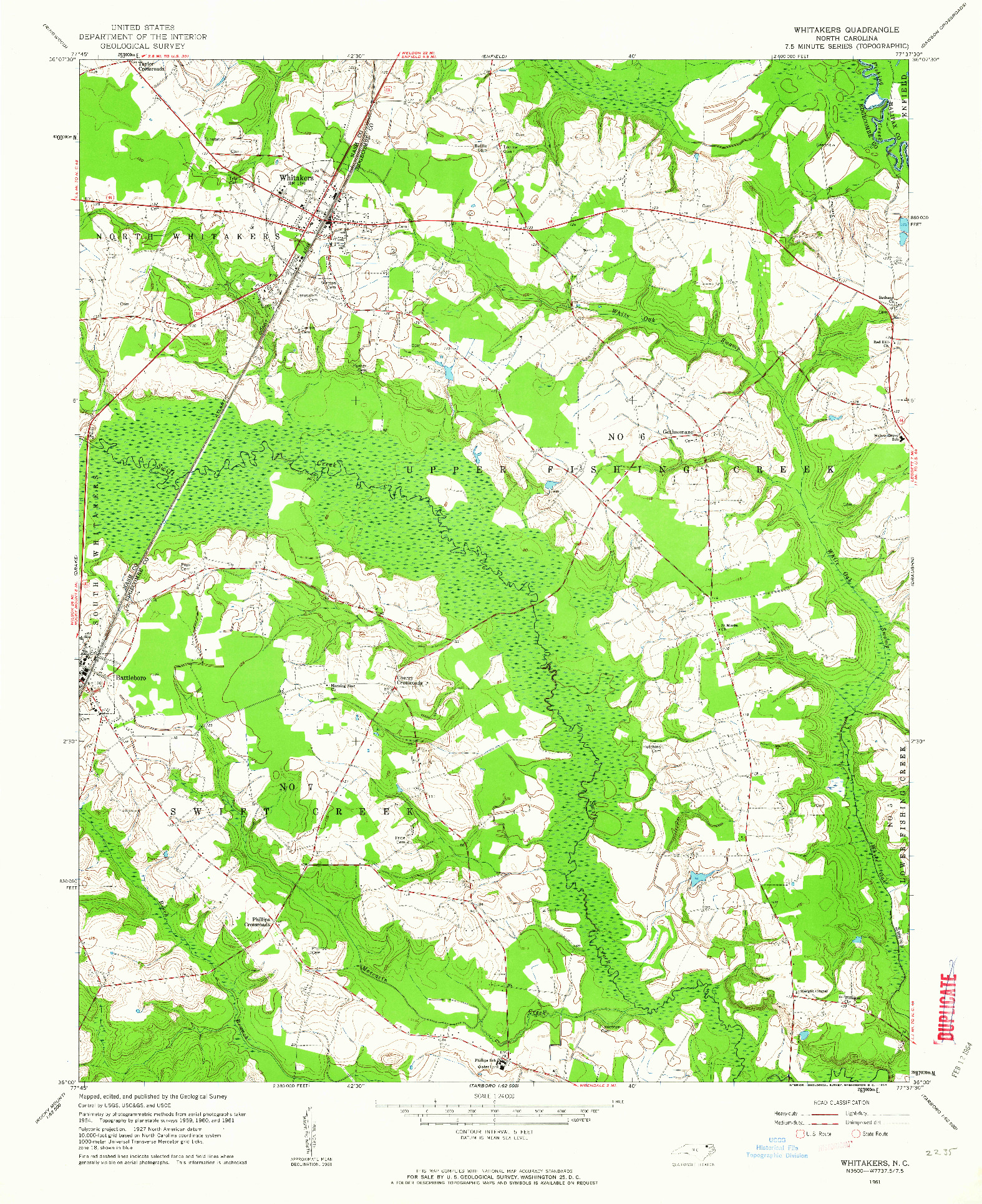 USGS 1:24000-SCALE QUADRANGLE FOR WHITAKERS, NC 1961