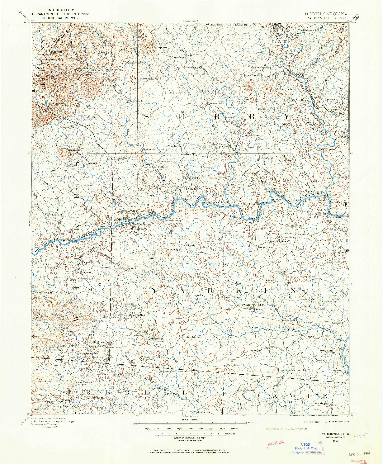 USGS 1:125000-SCALE QUADRANGLE FOR YADKINVILLE, NC 1891