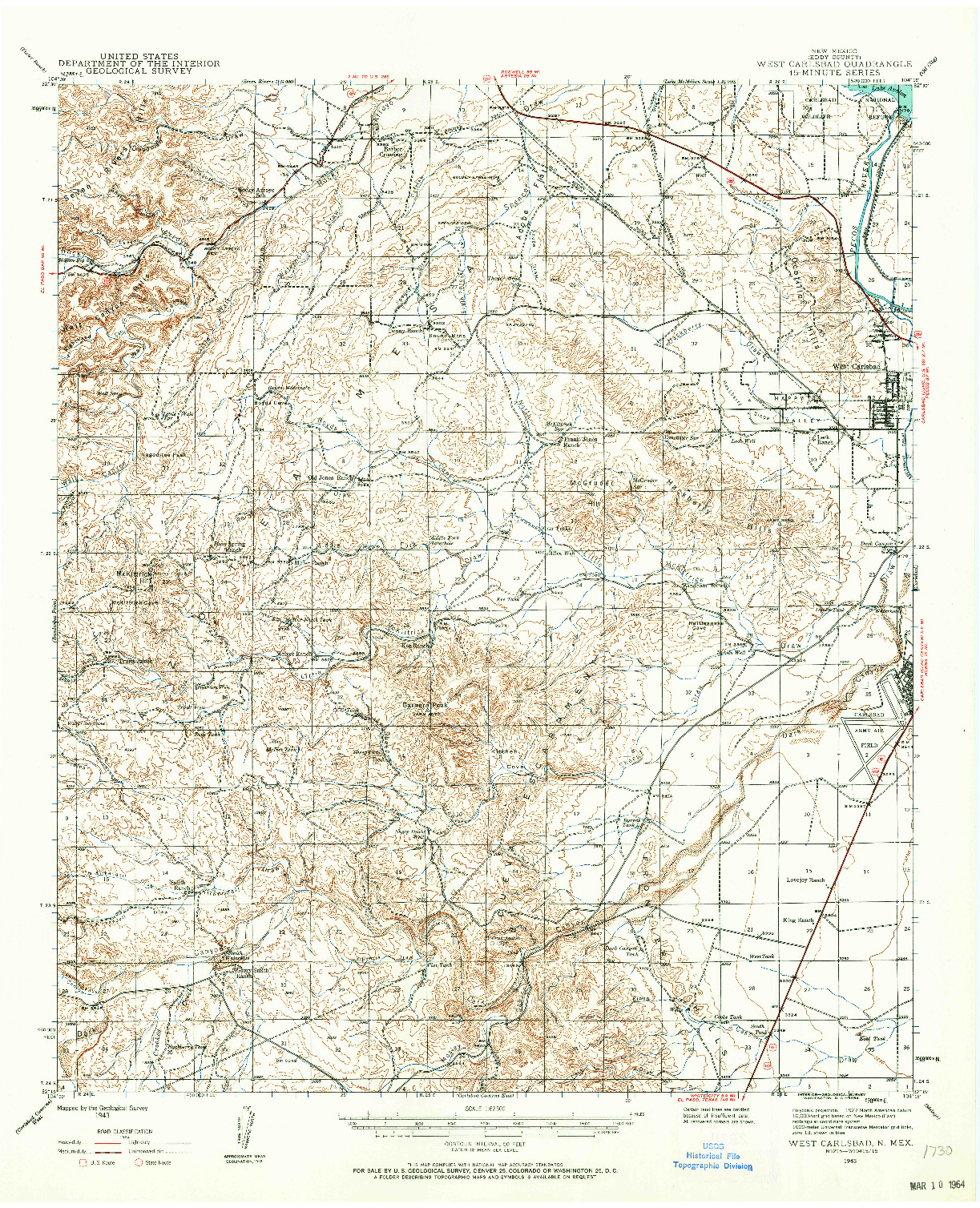USGS 1:62500-SCALE QUADRANGLE FOR WEST CARLSBAD, NM 1943