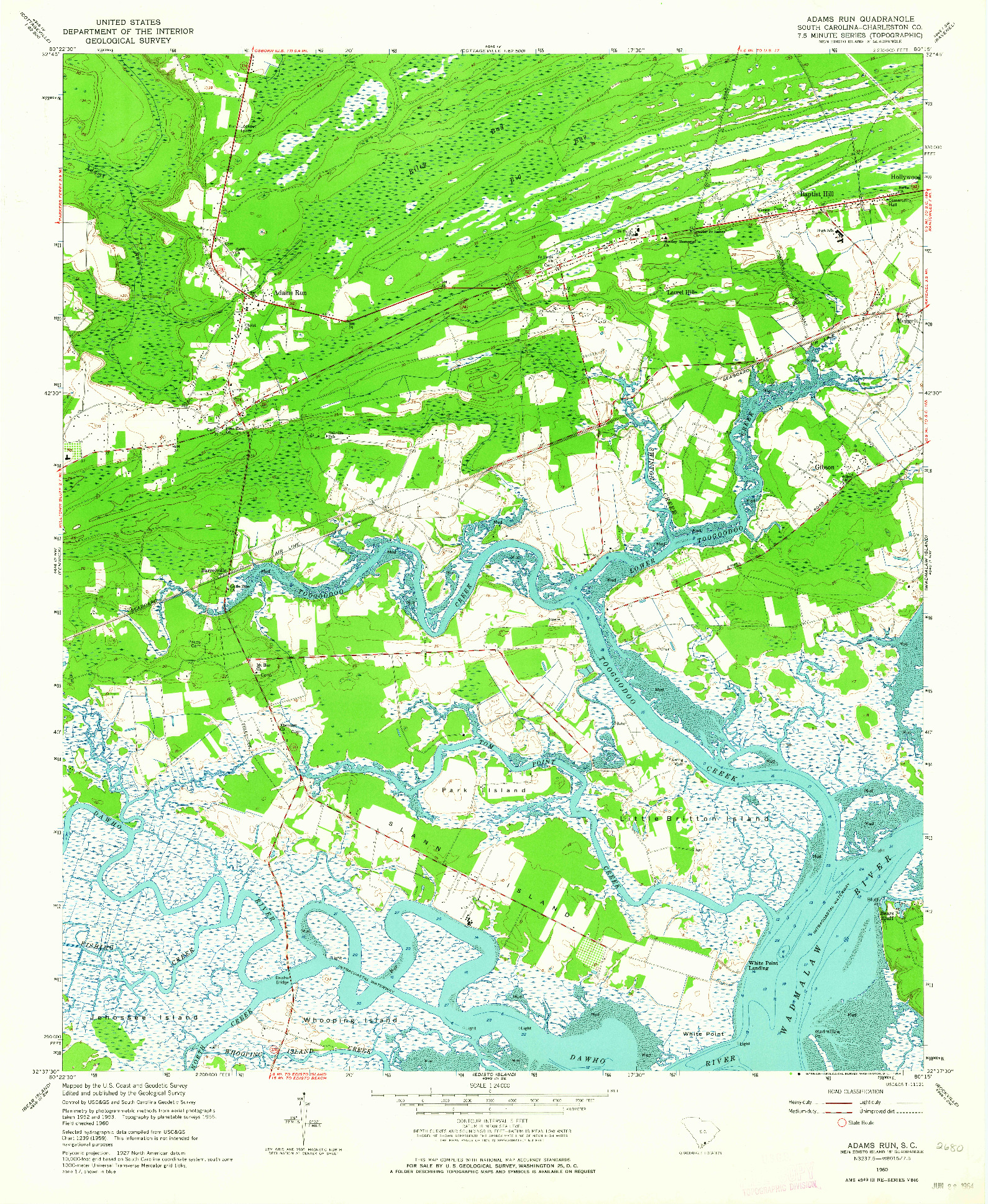 USGS 1:24000-SCALE QUADRANGLE FOR ADAMS RUN, SC 1960