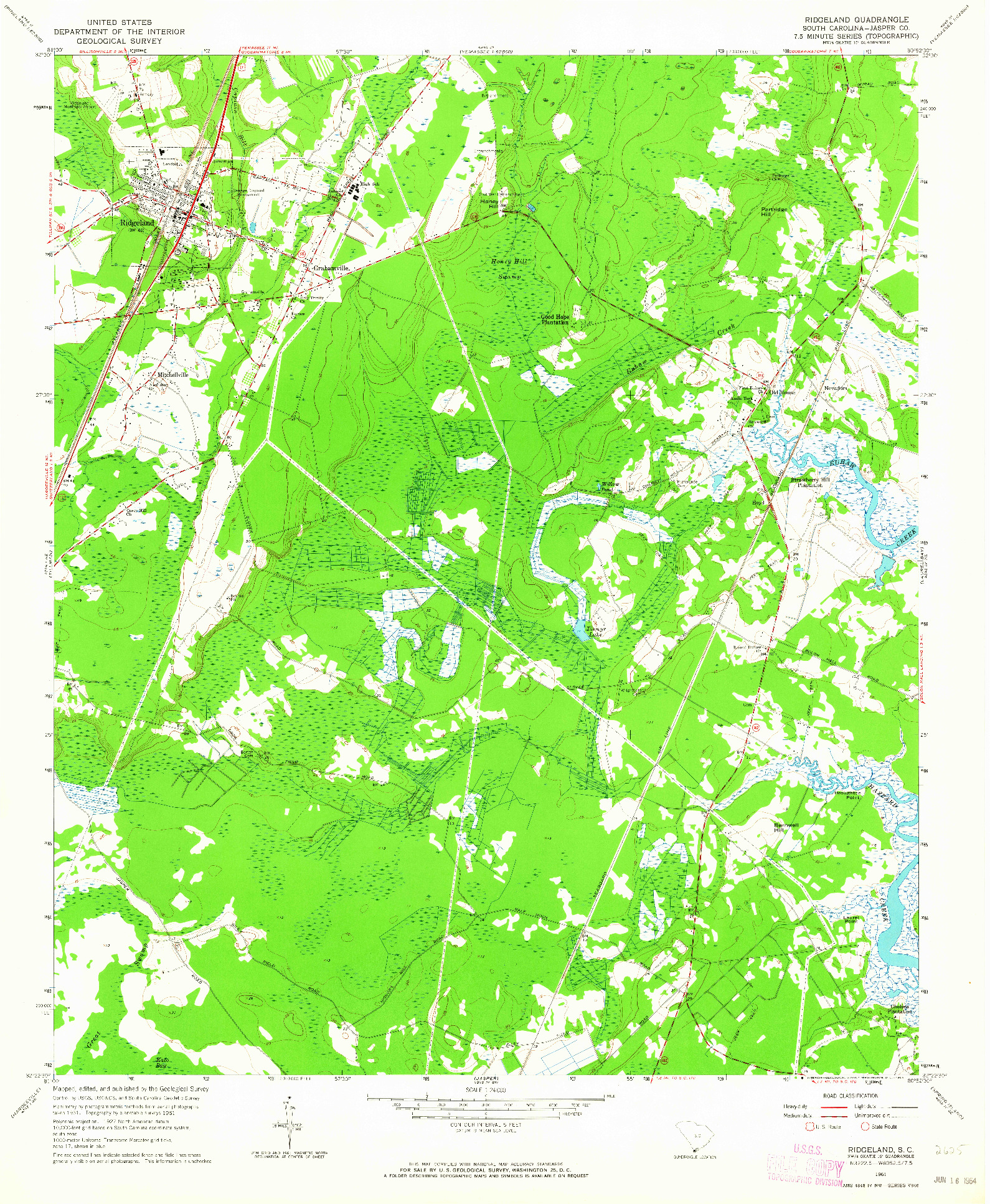 USGS 1:24000-SCALE QUADRANGLE FOR RIDGELAND, SC 1961
