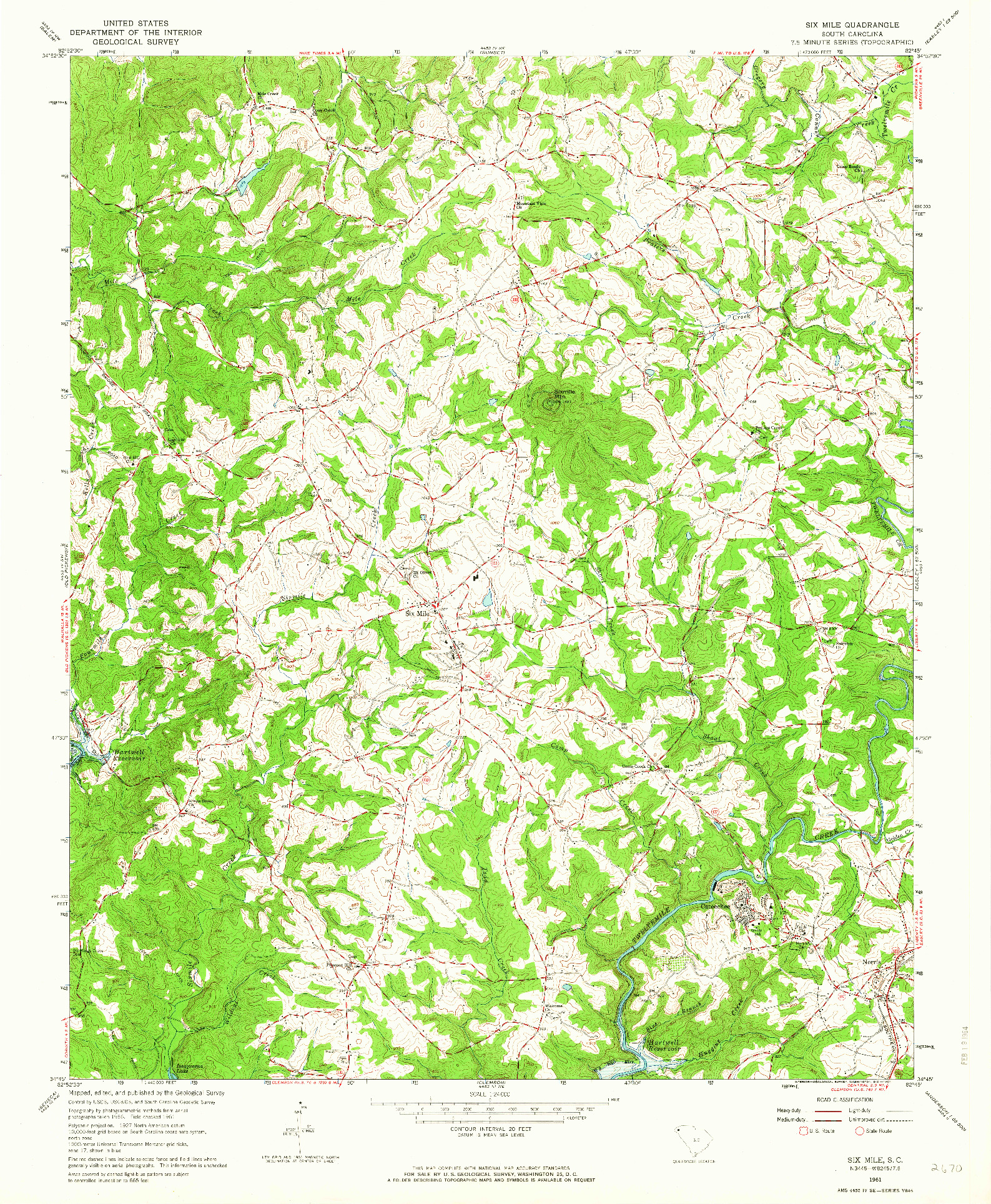 USGS 1:24000-SCALE QUADRANGLE FOR SIX MILE, SC 1961