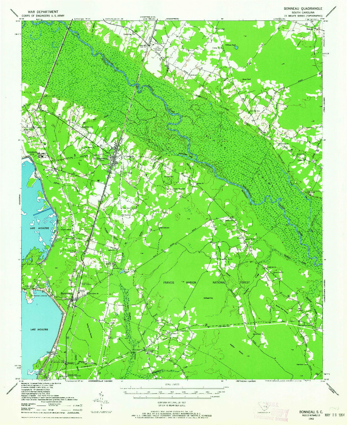 USGS 1:62500-SCALE QUADRANGLE FOR BONNEAU, SC 1943