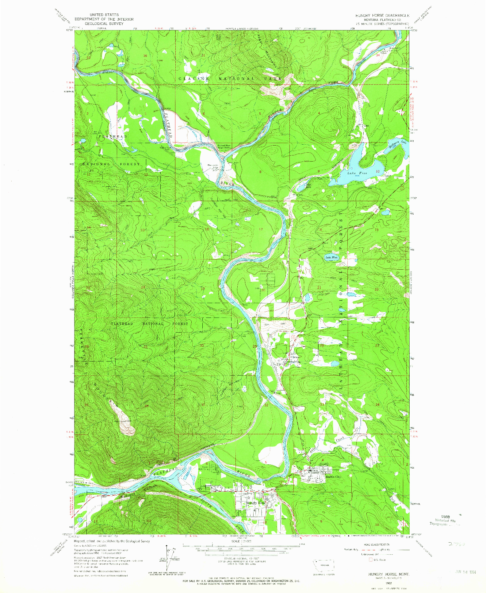 USGS 1:24000-SCALE QUADRANGLE FOR HUNGRY HORSE, MT 1962