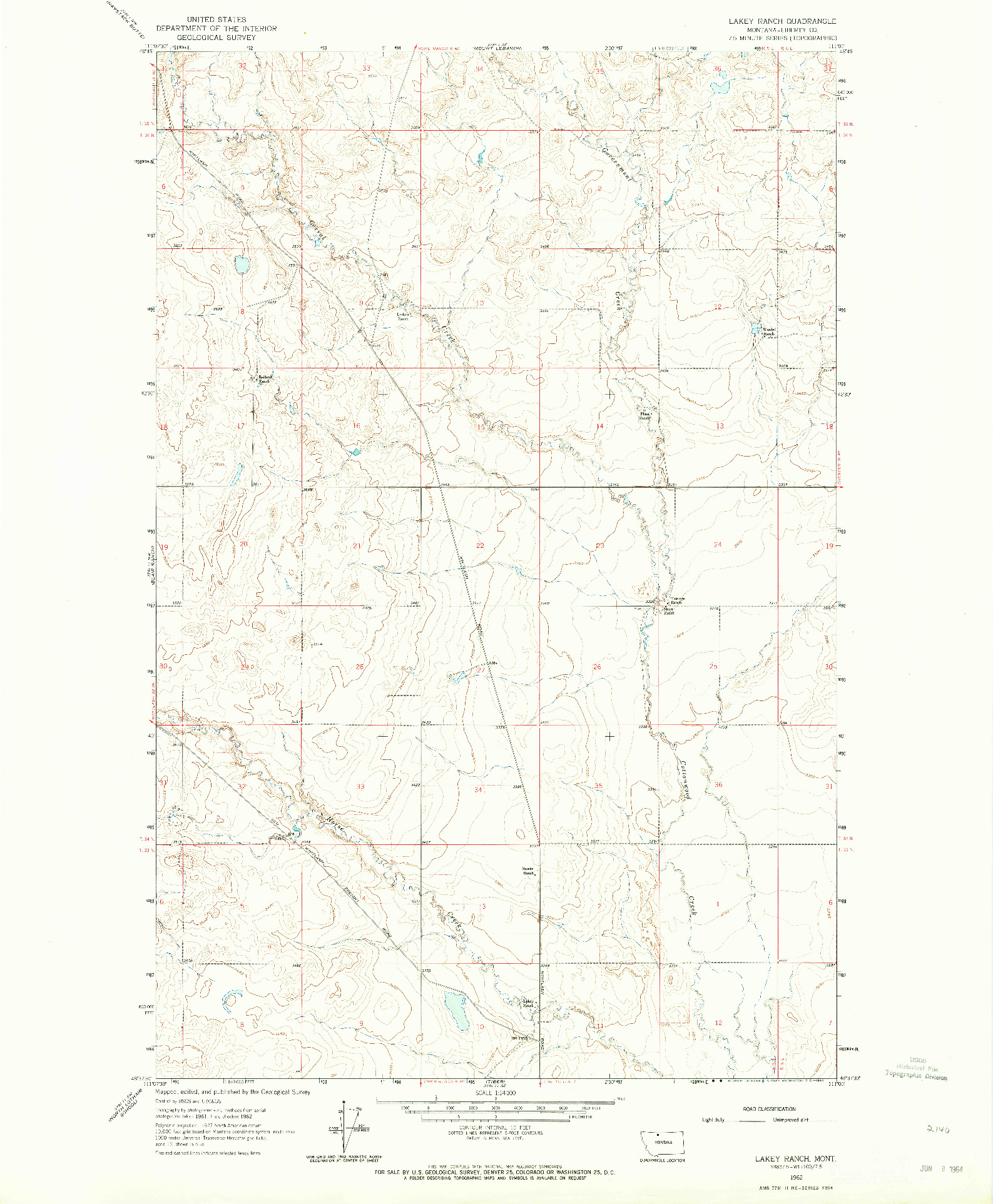 USGS 1:24000-SCALE QUADRANGLE FOR LAKEY RANCH, MT 1962