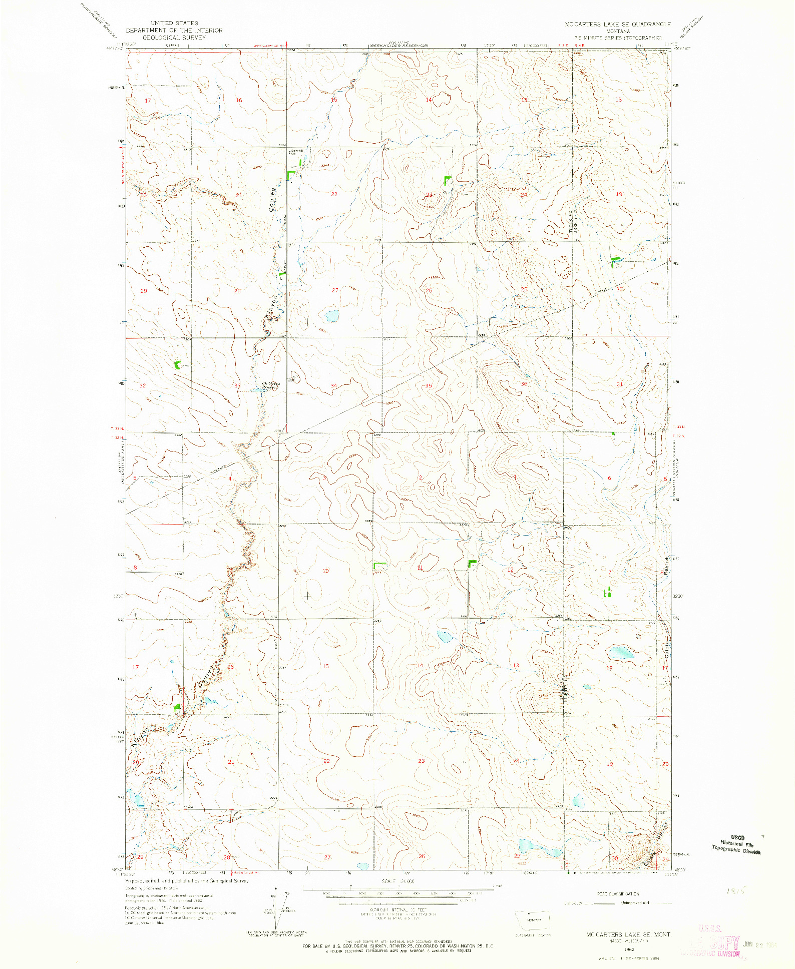 USGS 1:24000-SCALE QUADRANGLE FOR MC CARTERS LAKE SE, MT 1962