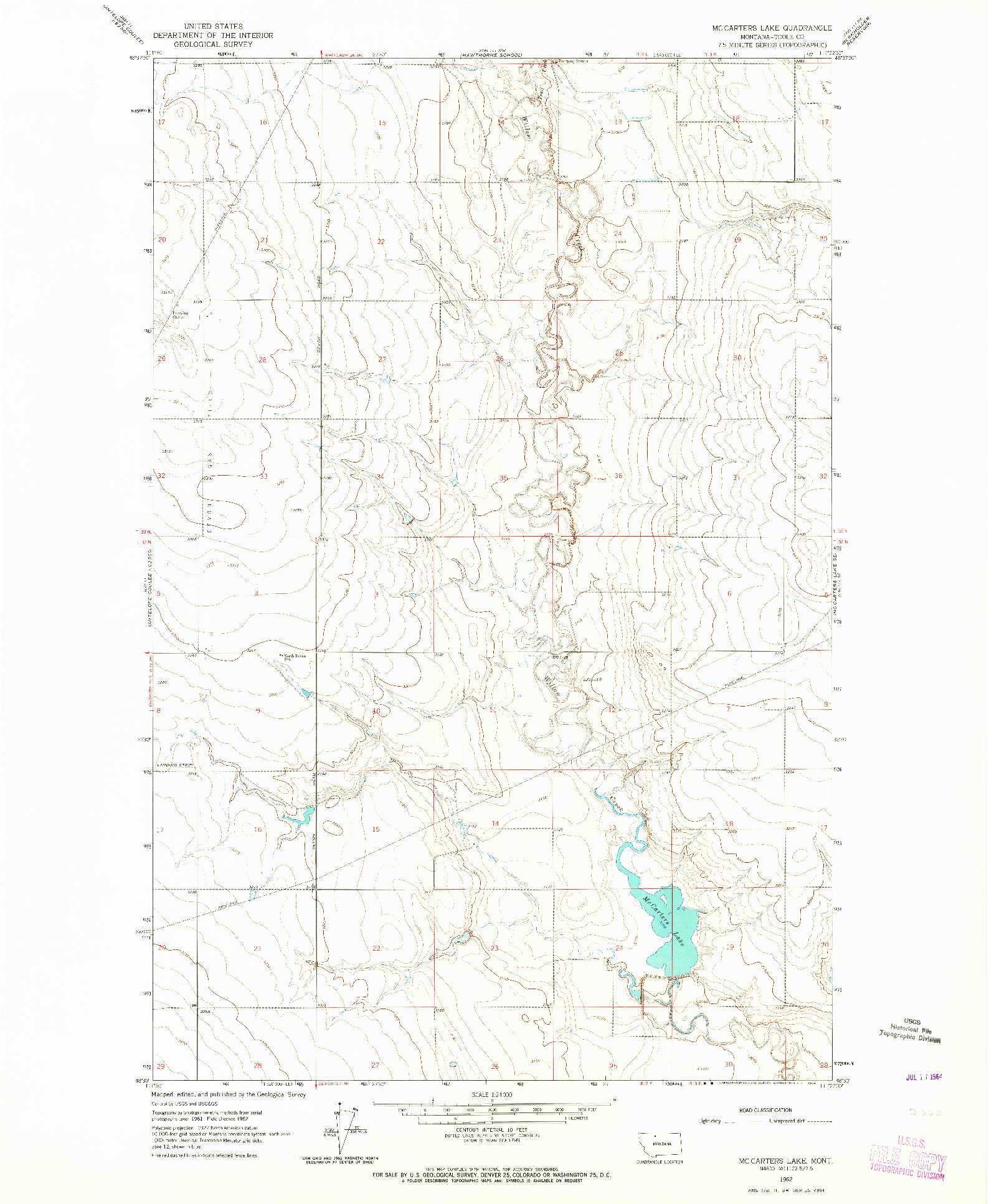 USGS 1:24000-SCALE QUADRANGLE FOR MC CARTERS LAKE, MT 1962