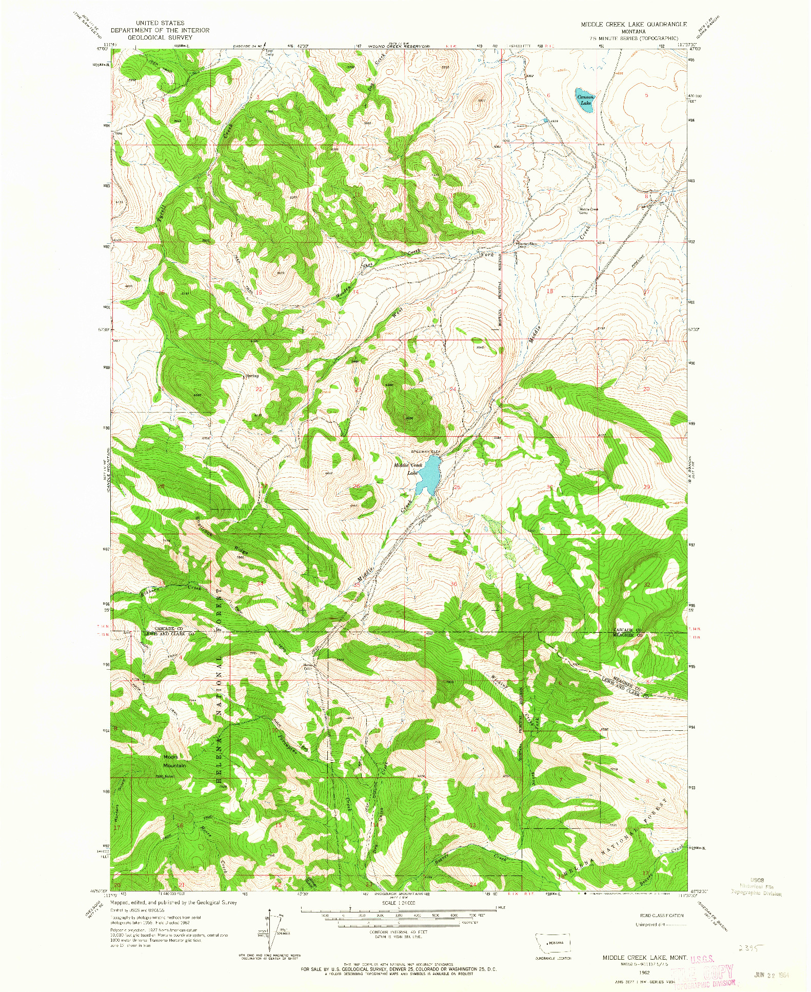 USGS 1:24000-SCALE QUADRANGLE FOR MIDDLE CREEK LAKE, MT 1962