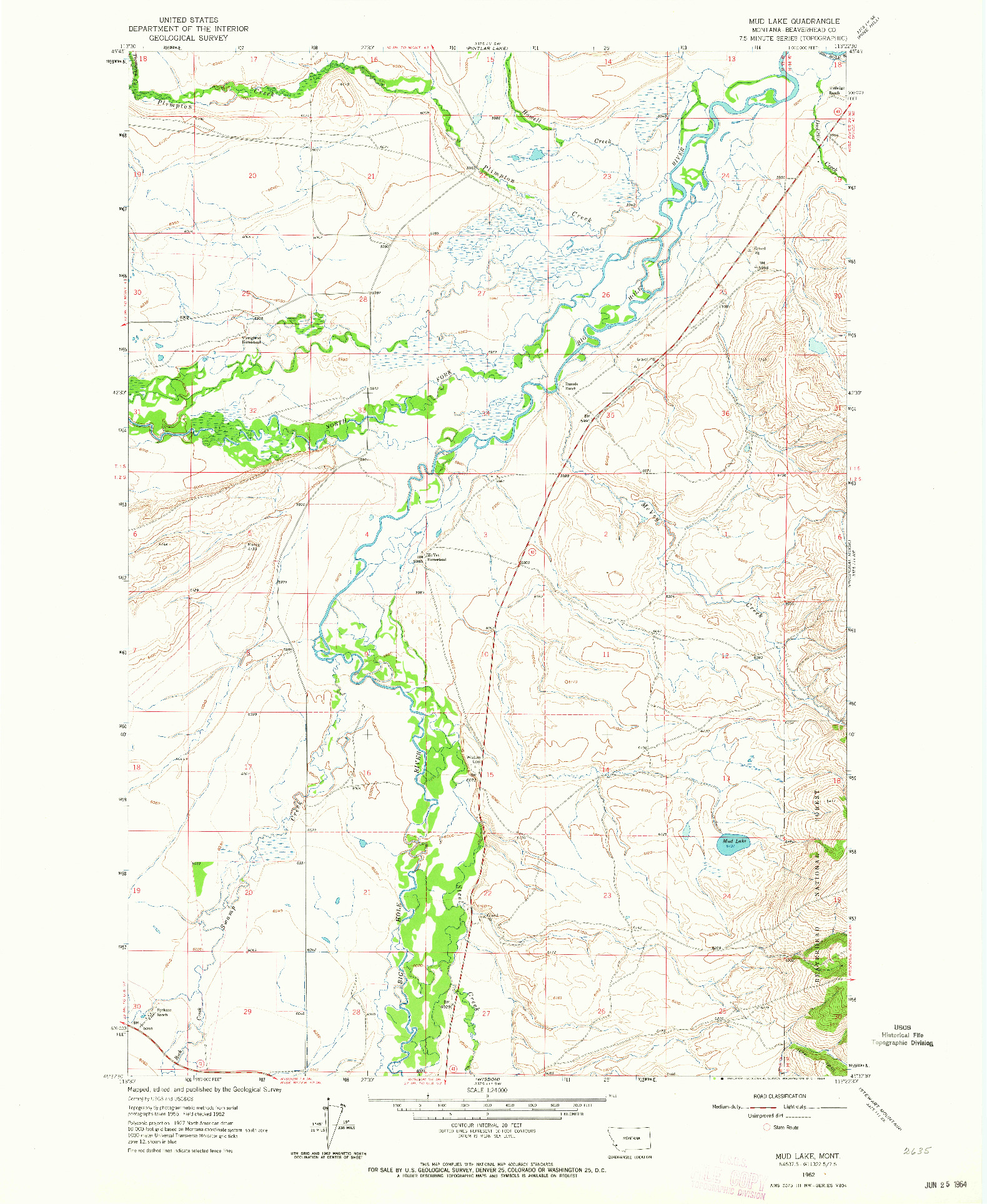 USGS 1:24000-SCALE QUADRANGLE FOR MUD LAKE, MT 1962