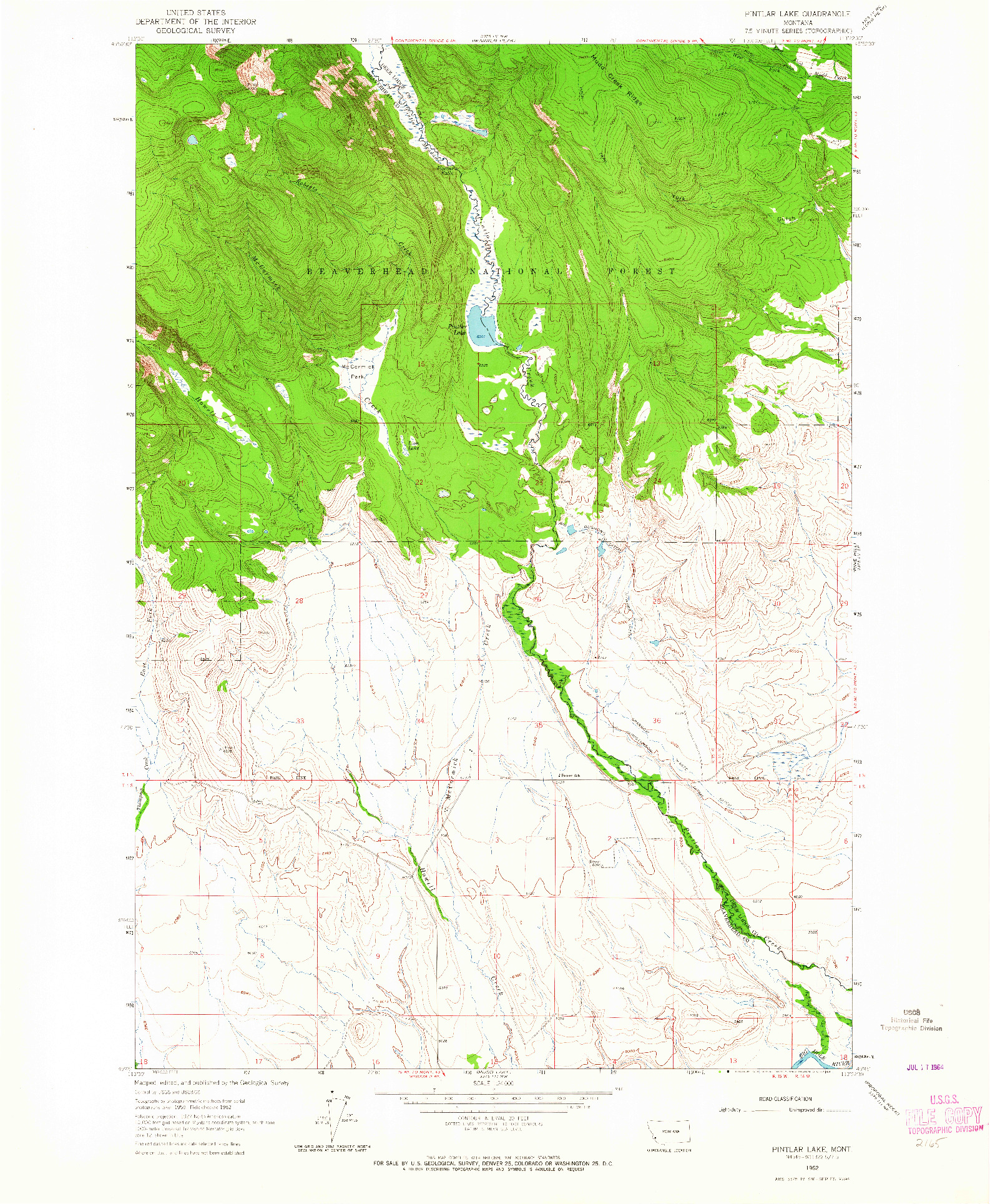 USGS 1:24000-SCALE QUADRANGLE FOR PINTLAR LAKE, MT 1962