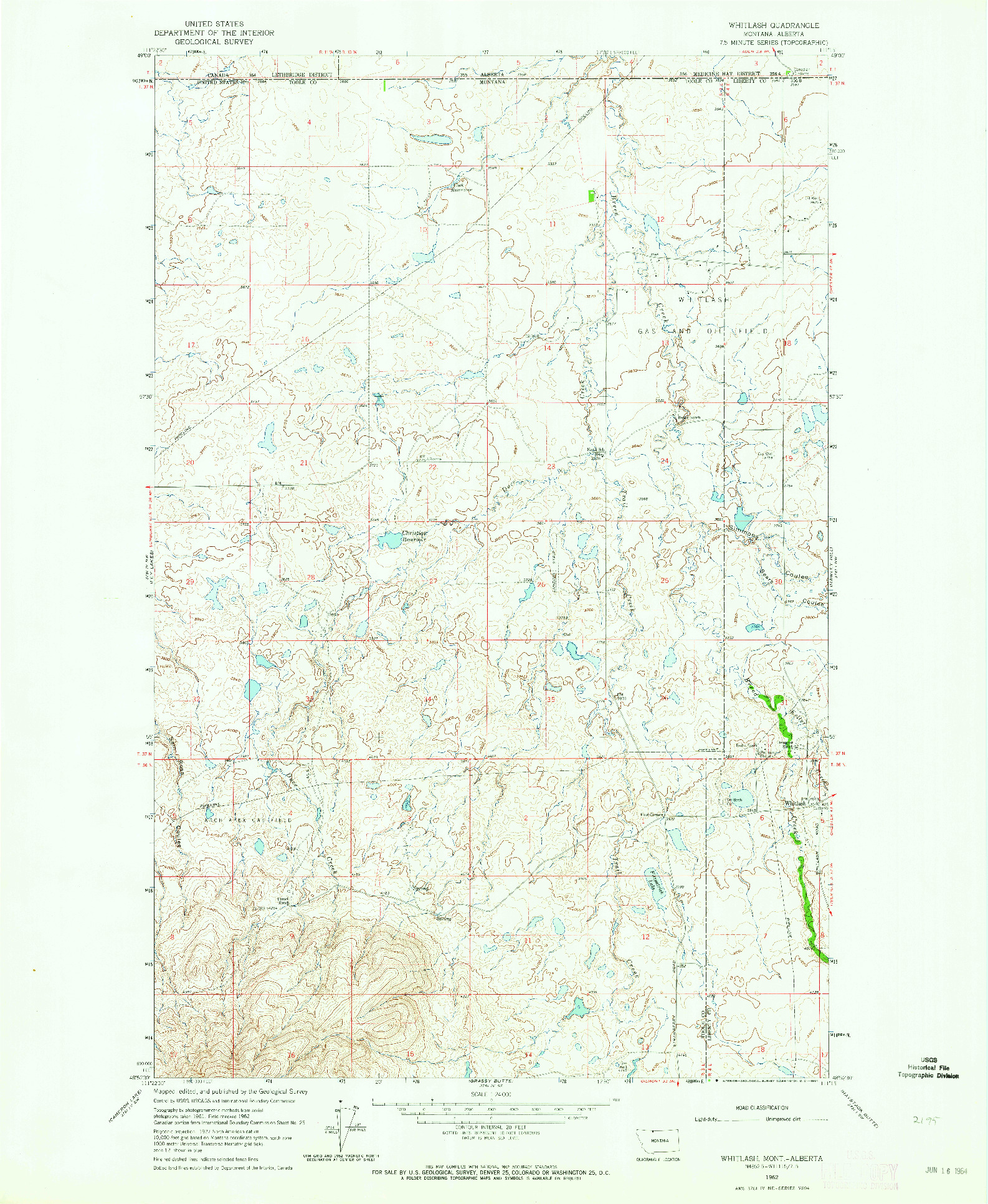 USGS 1:24000-SCALE QUADRANGLE FOR WHITLASH, MT 1962
