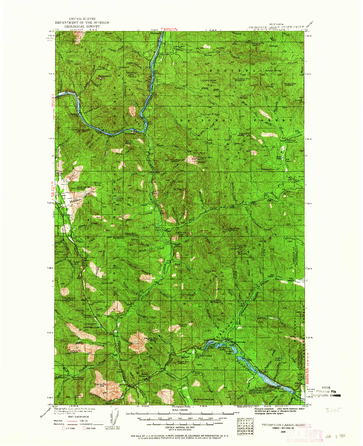 USGS 1:125000-SCALE QUADRANGLE FOR THOMPSON LAKES, MT 1935