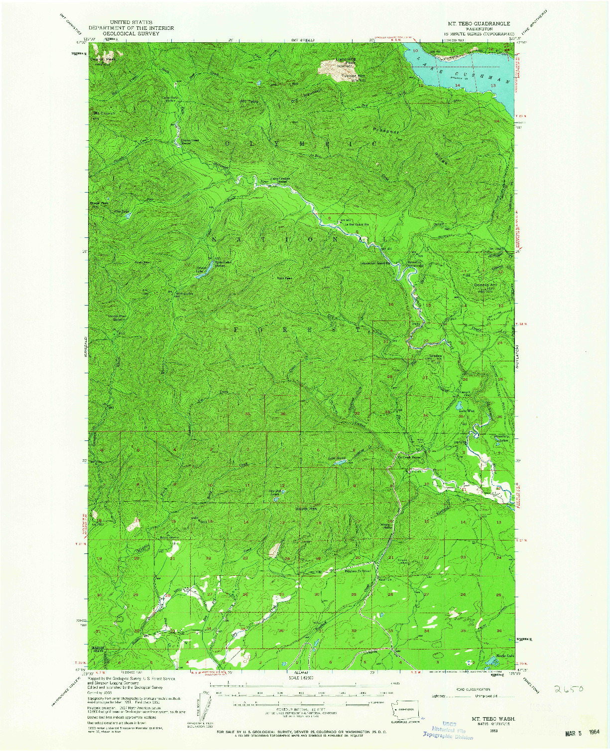 USGS 1:62500-SCALE QUADRANGLE FOR MT TEBO, WA 1953