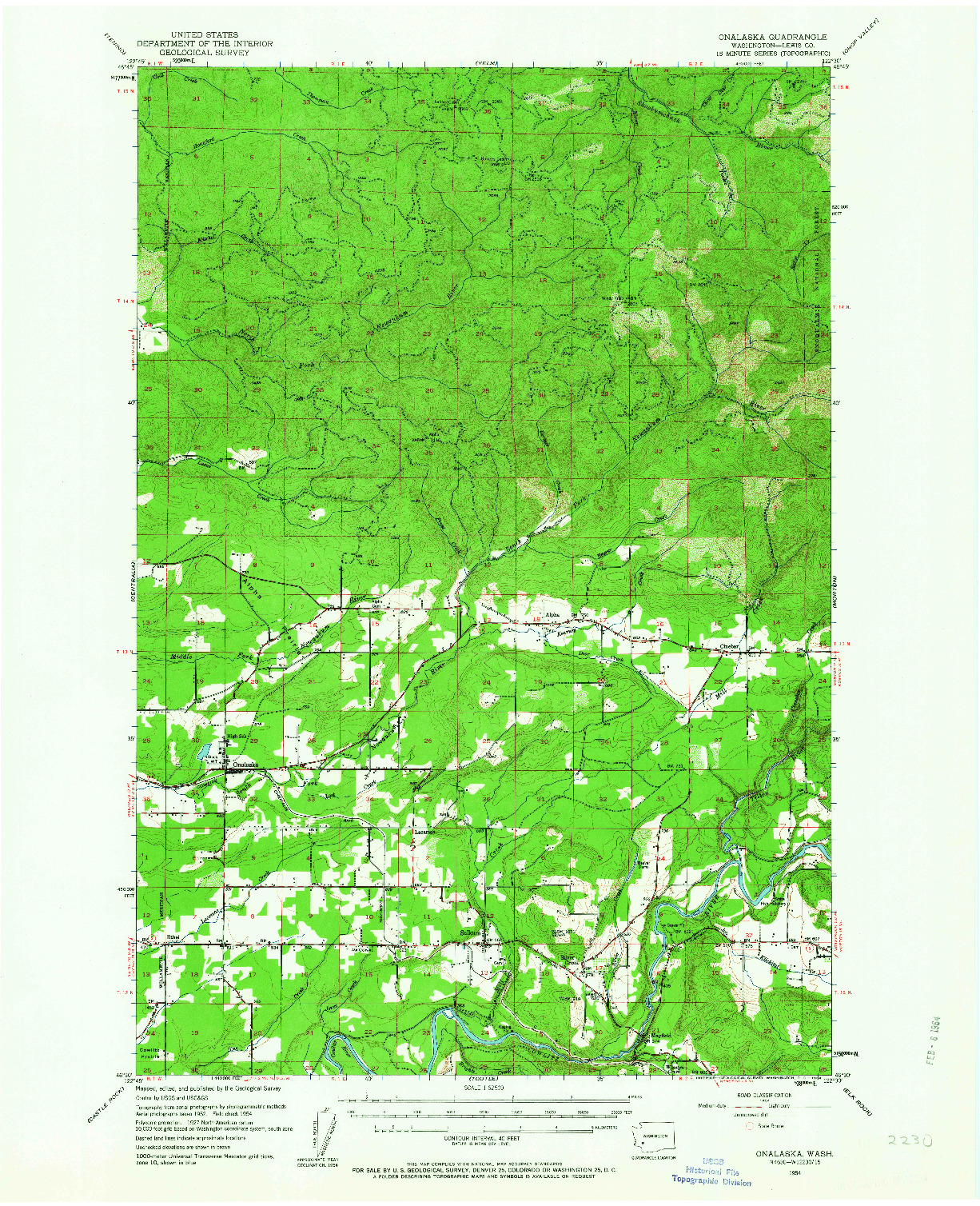 USGS 1:62500-SCALE QUADRANGLE FOR ONALASKA, WA 1954