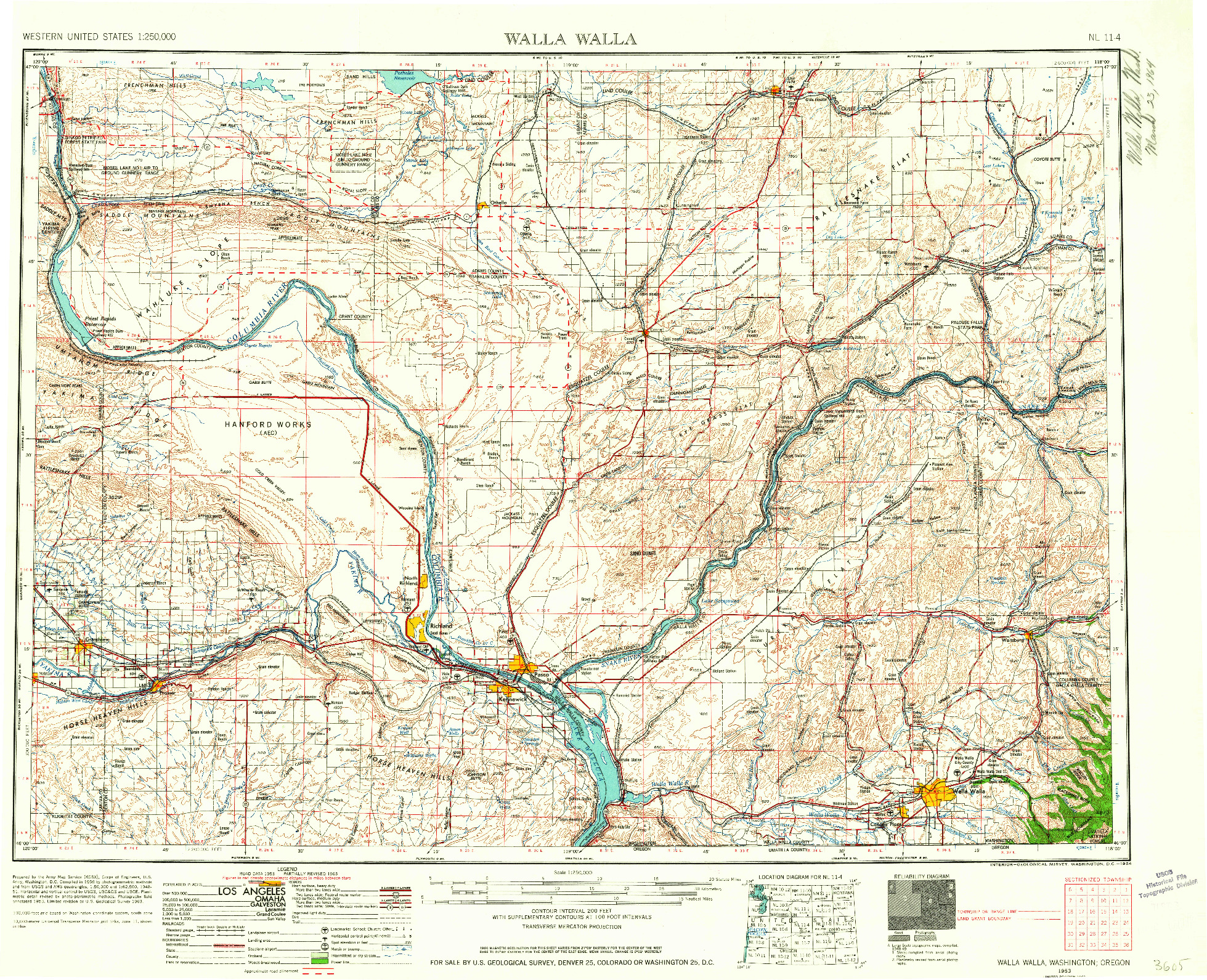 USGS 1:250000-SCALE QUADRANGLE FOR WALLA WALLA, WA 1953