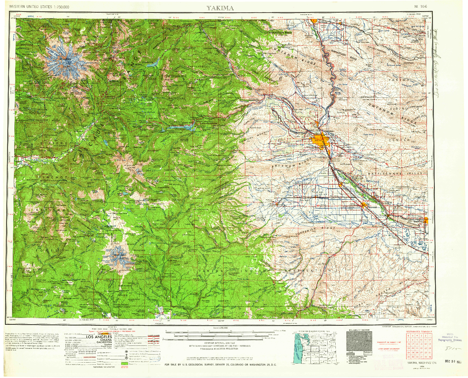 USGS 1:250000-SCALE QUADRANGLE FOR YAKIMA, WA 1958