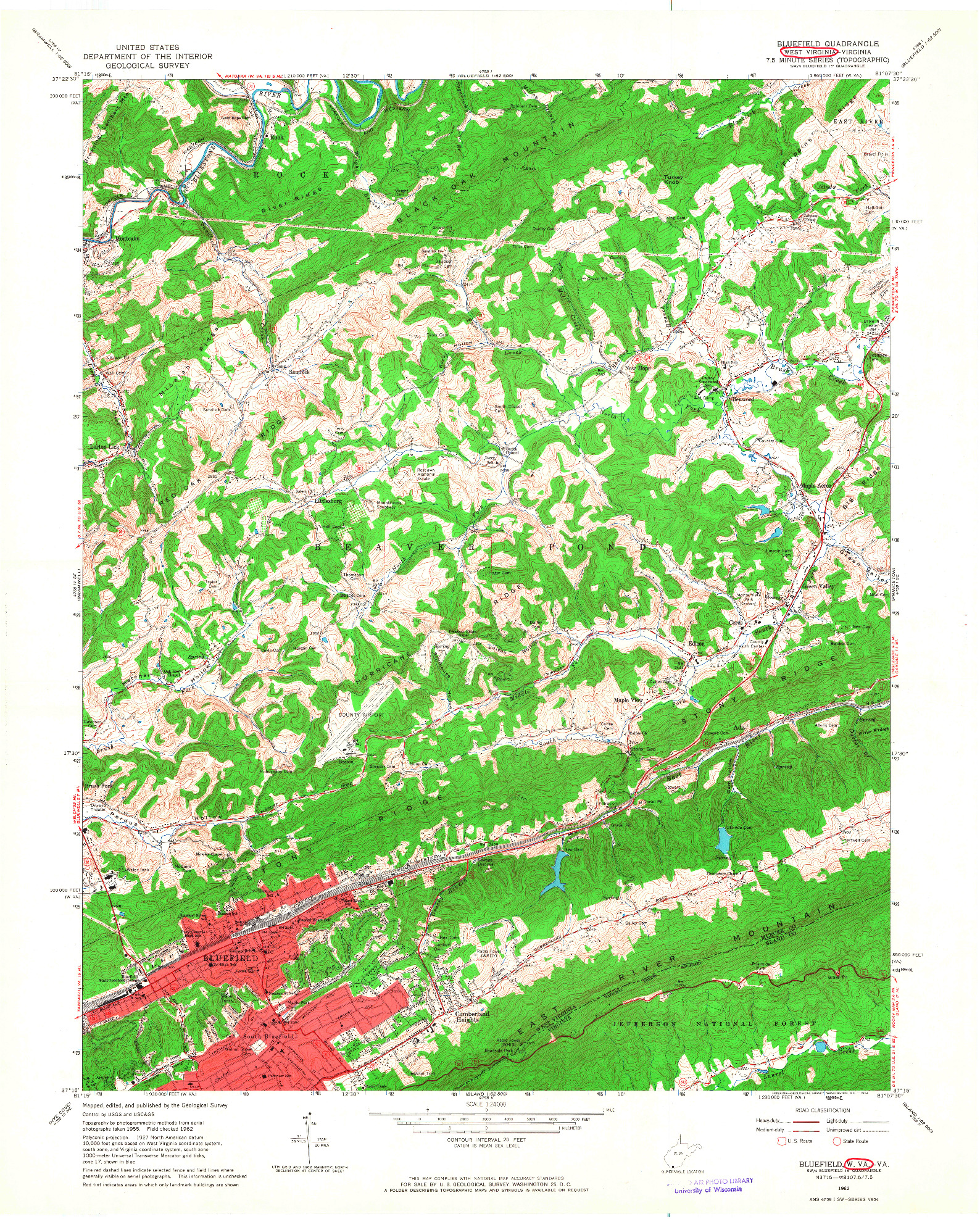 USGS 1:24000-SCALE QUADRANGLE FOR BLUEFIELD, WV 1962