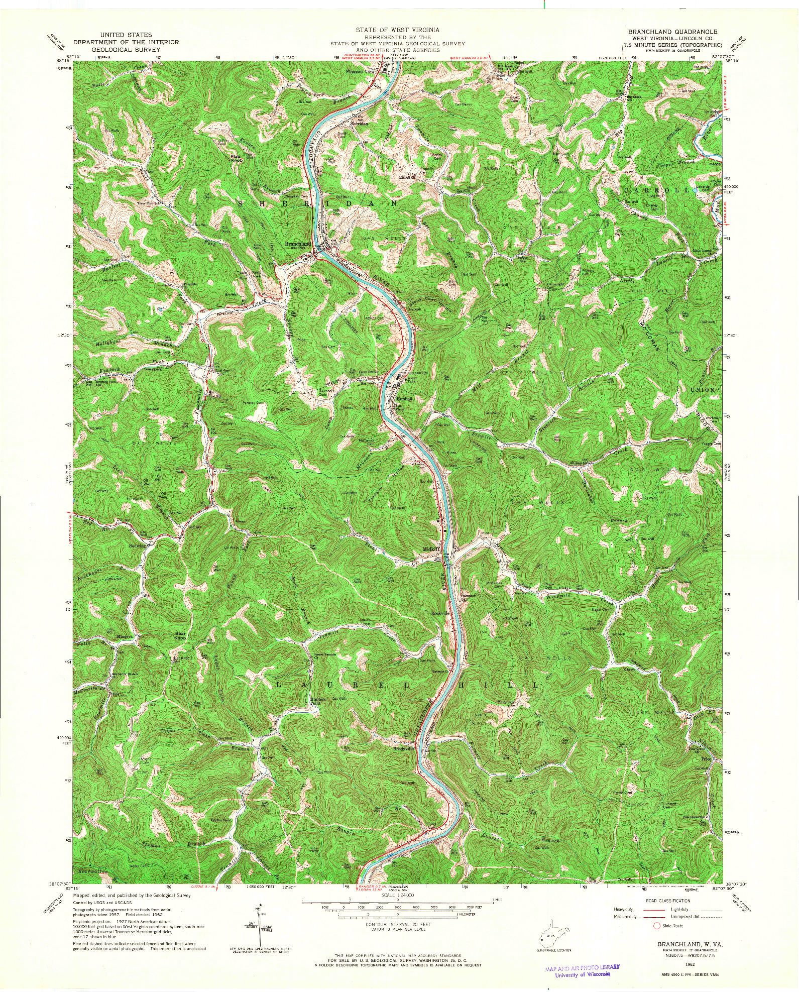 USGS 1:24000-SCALE QUADRANGLE FOR BRANCHLAND, WV 1962