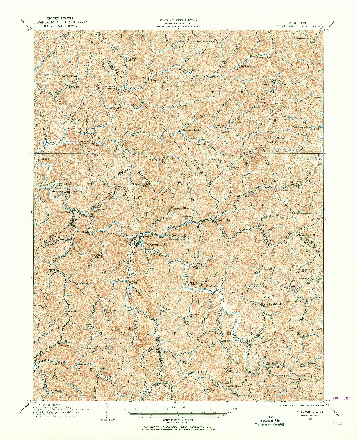 USGS 1:62500-SCALE QUADRANGLE FOR BURNSVILLE, WV 1925