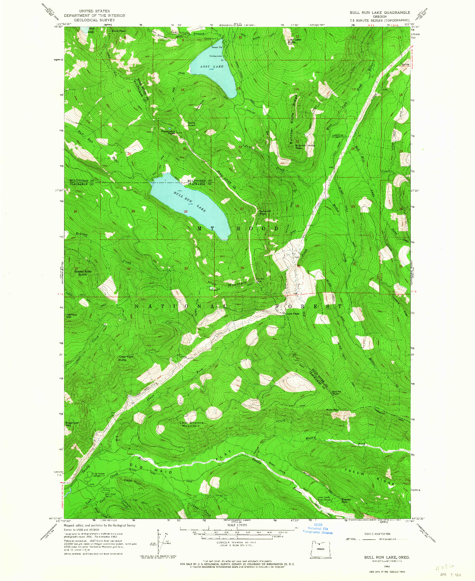 USGS 1:24000-SCALE QUADRANGLE FOR BULL RUN LAKE, OR 1962