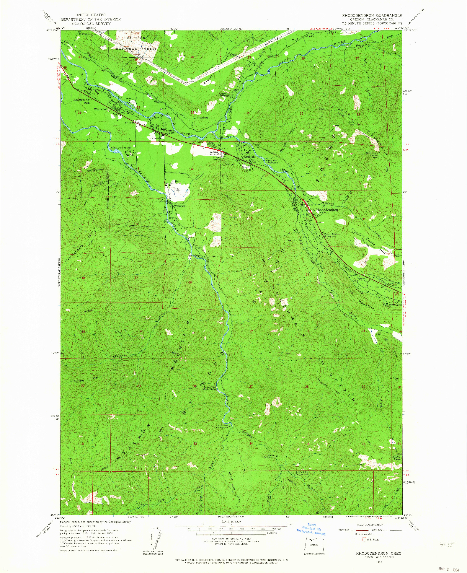 USGS 1:24000-SCALE QUADRANGLE FOR RHODODENDRON, OR 1962