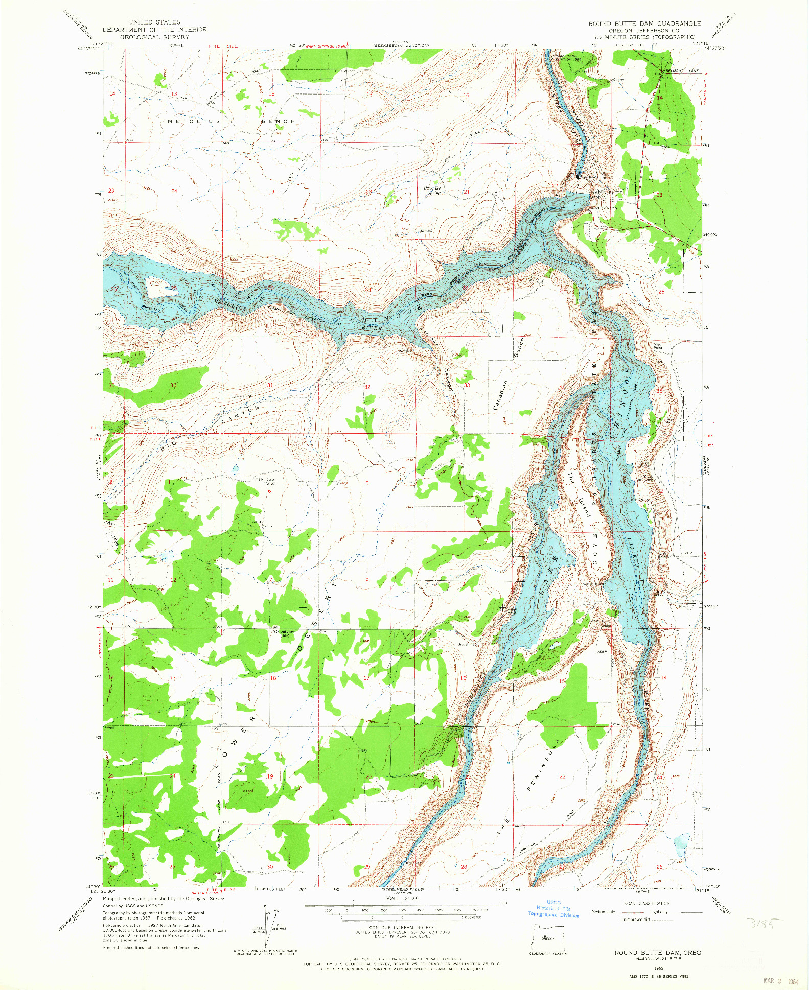 USGS 1:24000-SCALE QUADRANGLE FOR ROUND BUTTE DAM, OR 1962