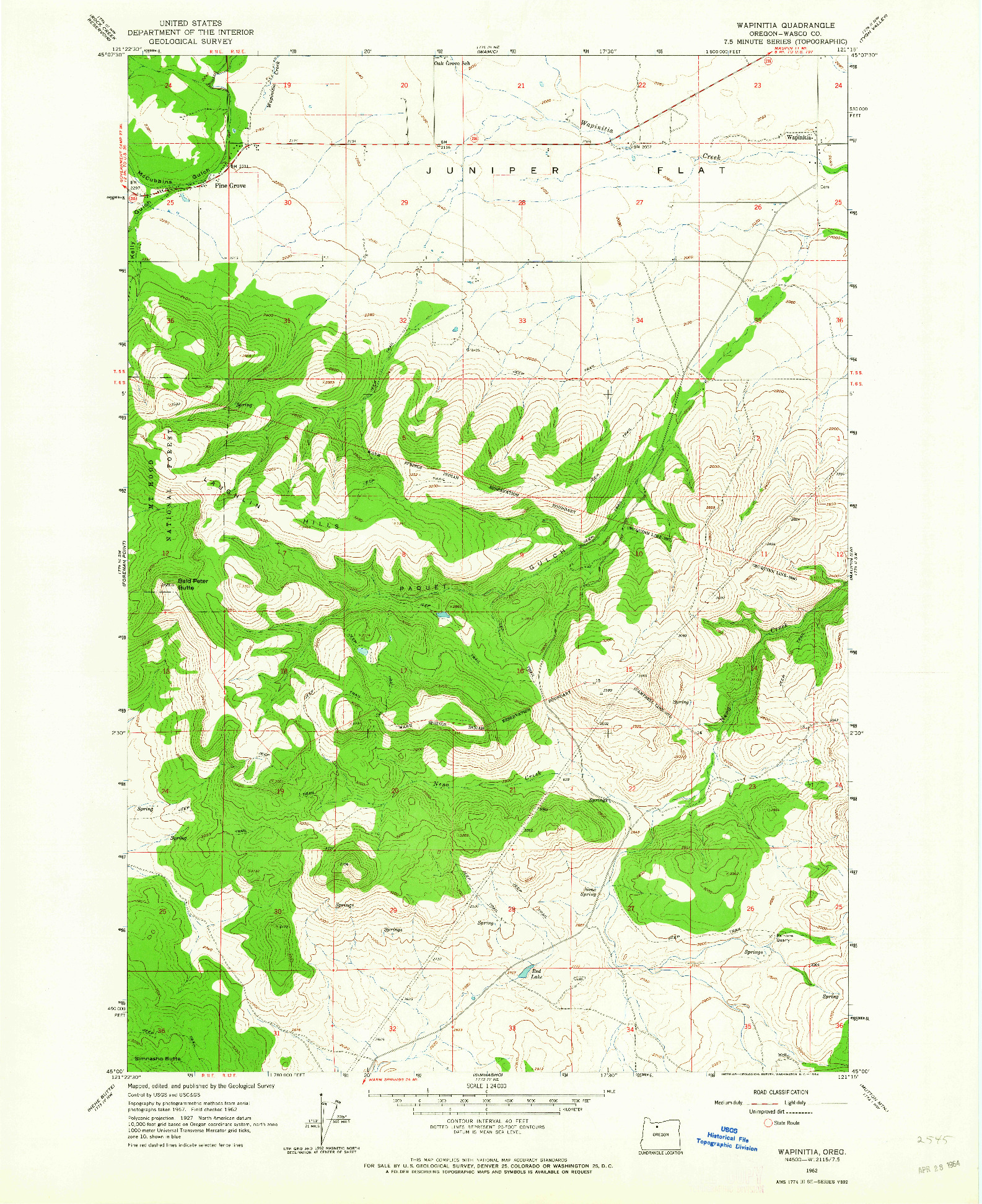 USGS 1:24000-SCALE QUADRANGLE FOR WAPINITIA, OR 1962