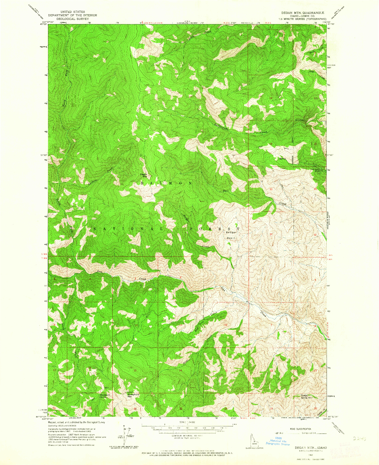 USGS 1:24000-SCALE QUADRANGLE FOR DEGAN MTN, ID 1962