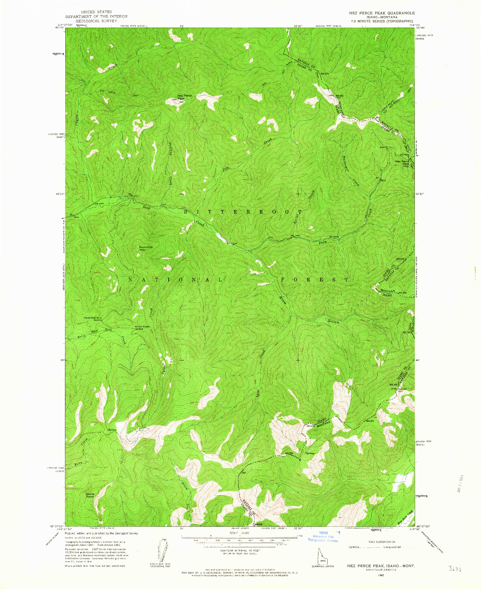 USGS 1:24000-SCALE QUADRANGLE FOR NEZ PERCE PEAK, ID 1962