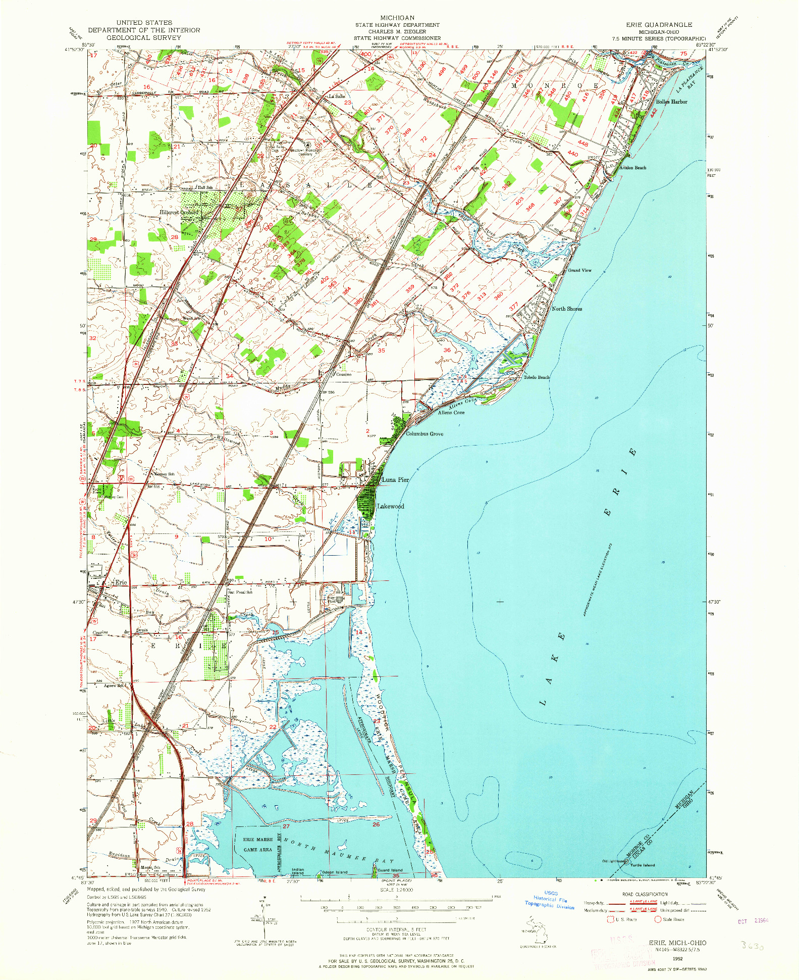 USGS 1:24000-SCALE QUADRANGLE FOR ERIE, MI 1952