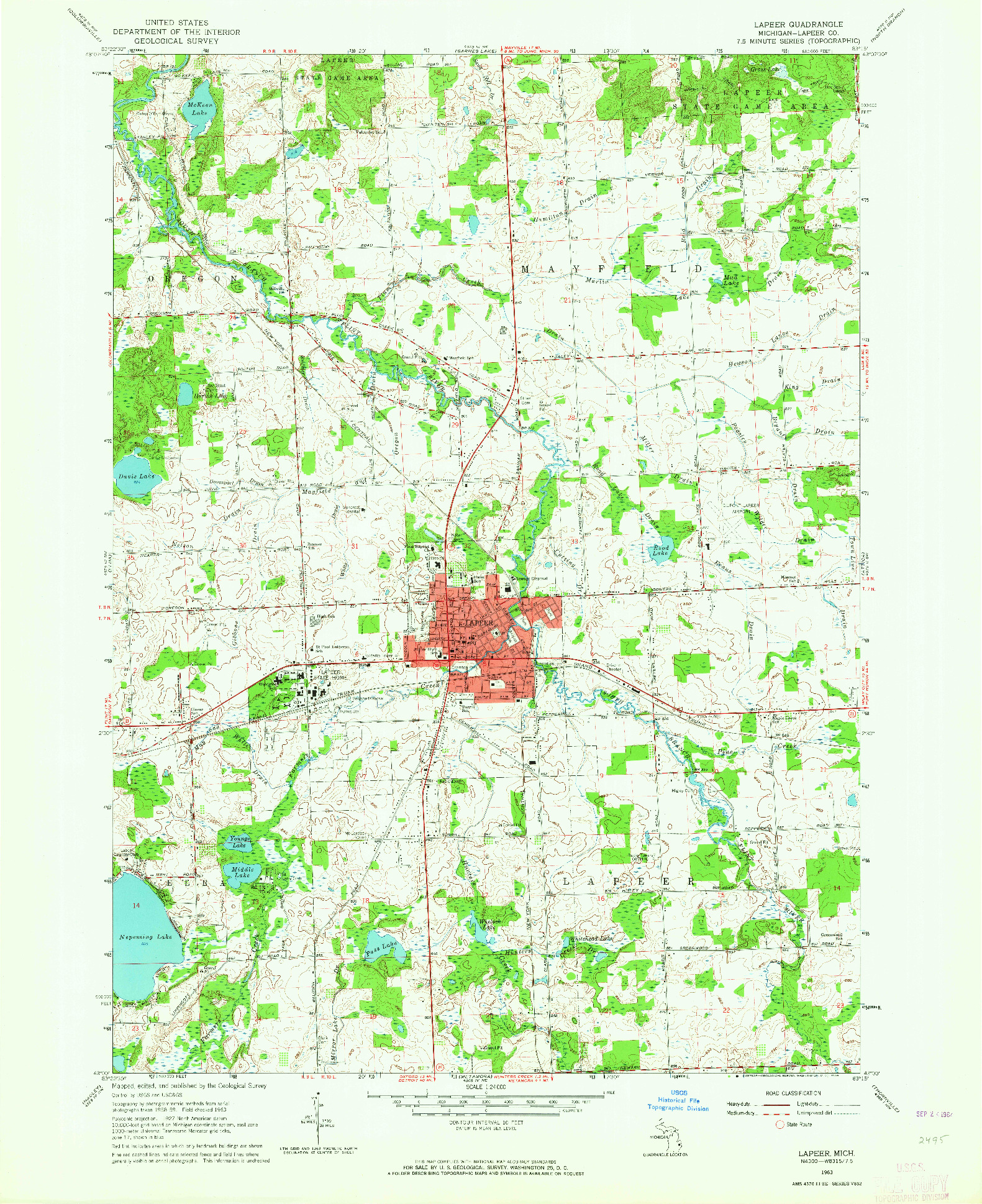 USGS 1:24000-SCALE QUADRANGLE FOR LAPEER, MI 1963