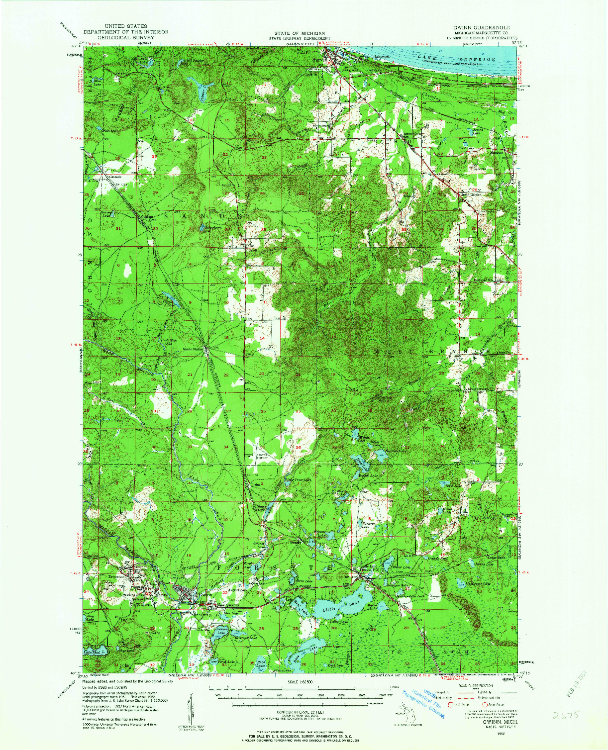 USGS 1:62500-SCALE QUADRANGLE FOR GWINN, MI 1952