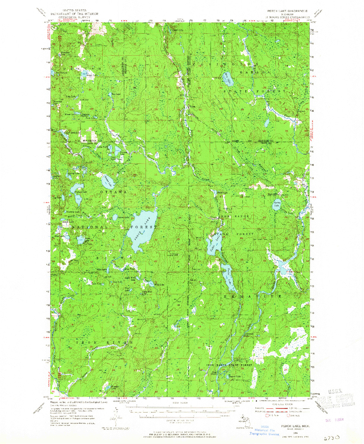 USGS 1:62500-SCALE QUADRANGLE FOR PERCH LAKE, MI 1954
