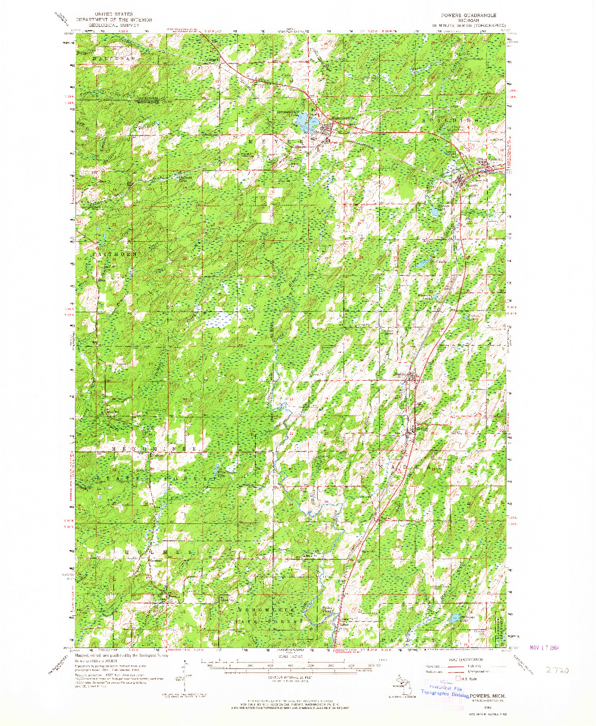 USGS 1:62500-SCALE QUADRANGLE FOR POWERS, MI 1963