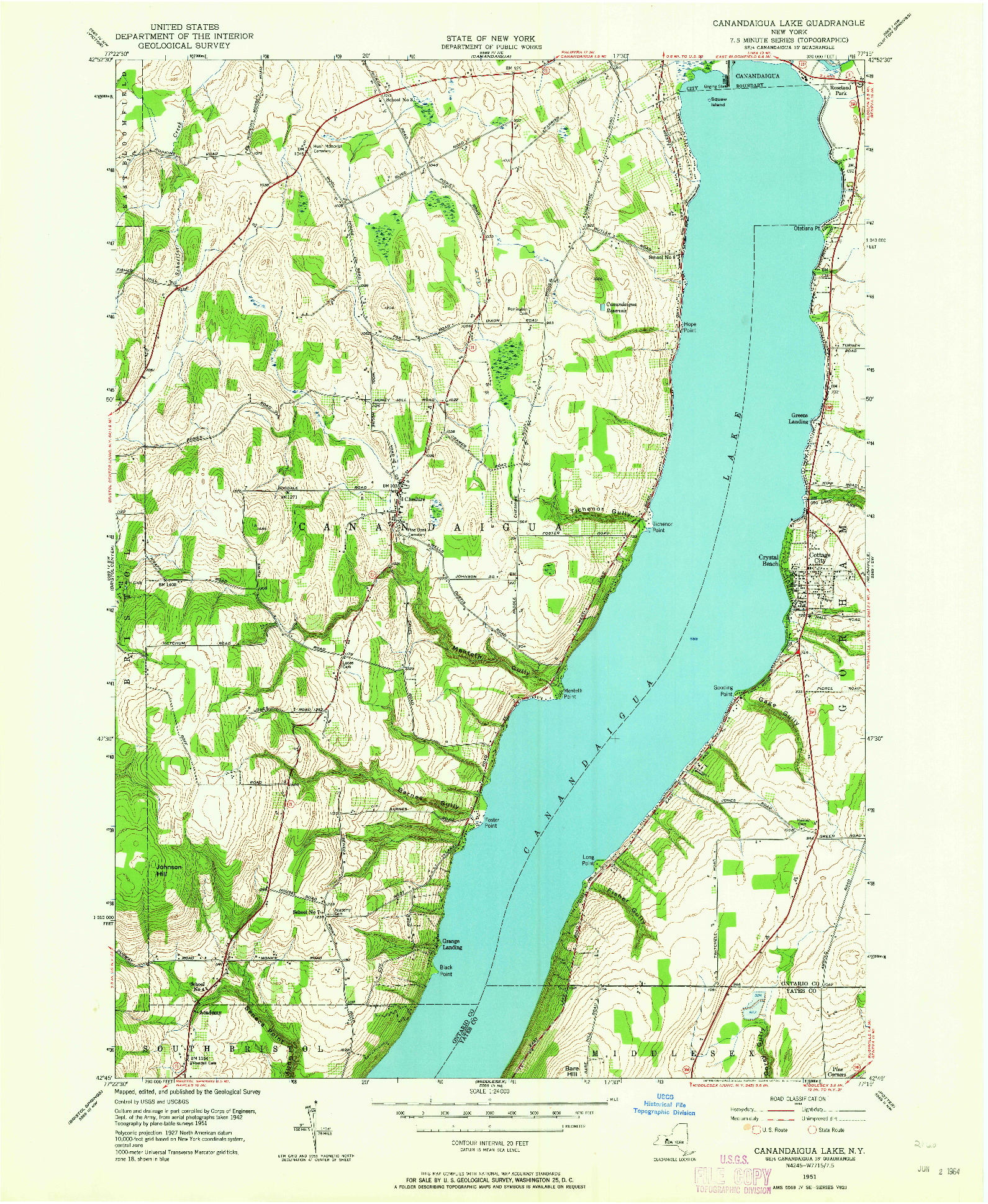 USGS 1:24000-SCALE QUADRANGLE FOR CANANDAIGUA LAKE, NY 1951