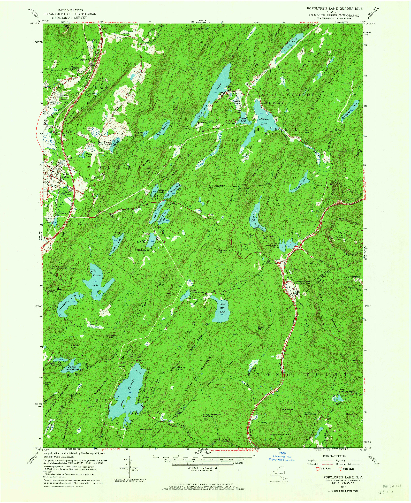 USGS 1:24000-SCALE QUADRANGLE FOR POPOLOPEN LAKE, NY 1957