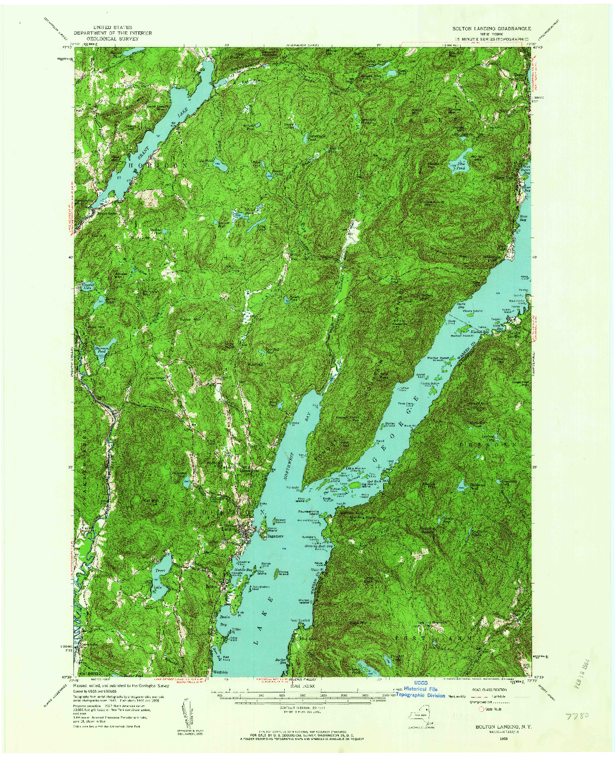 USGS 1:62500-SCALE QUADRANGLE FOR BOLTON LANDING, NY 1958