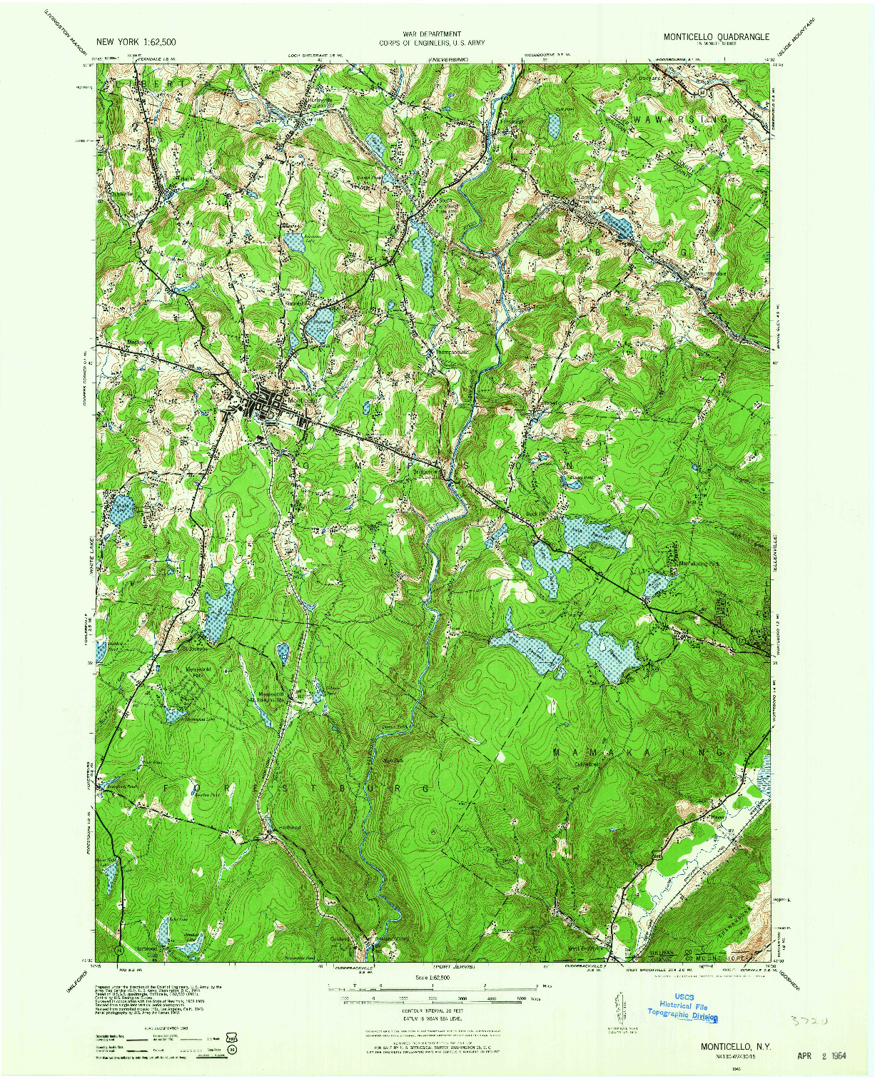 USGS 1:62500-SCALE QUADRANGLE FOR MONTICELLO, NY 1943