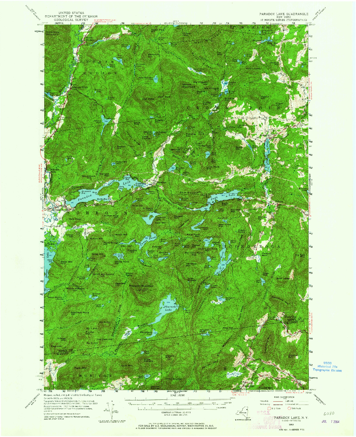 USGS 1:62500-SCALE QUADRANGLE FOR PARADOX LAKE, NY 1953