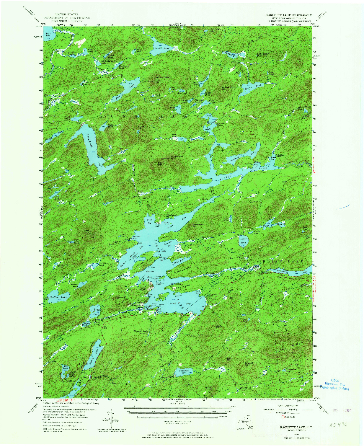 USGS 1:62500-SCALE QUADRANGLE FOR RAQUETTE LAKE, NY 1954