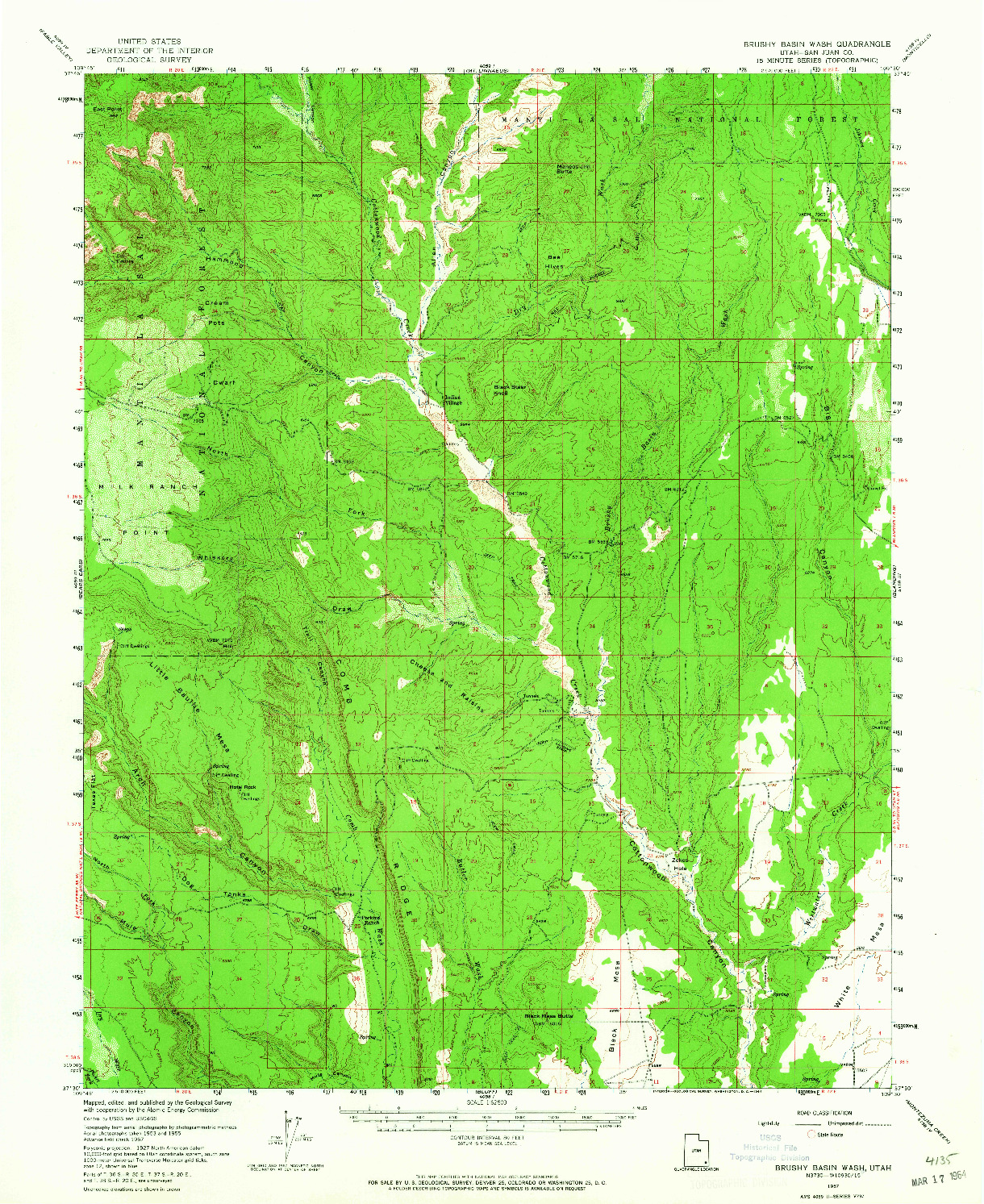 USGS 1:62500-SCALE QUADRANGLE FOR BRUSHY BASIN WASH, UT 1957