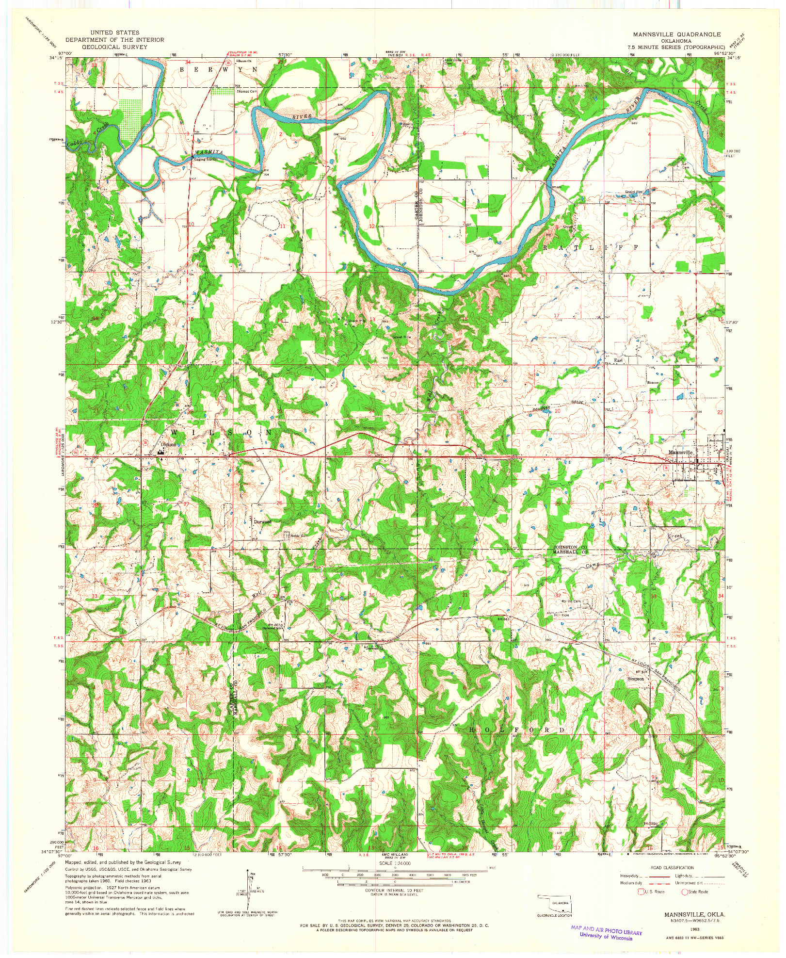 USGS 1:24000-SCALE QUADRANGLE FOR MANNSVILLE, OK 1963