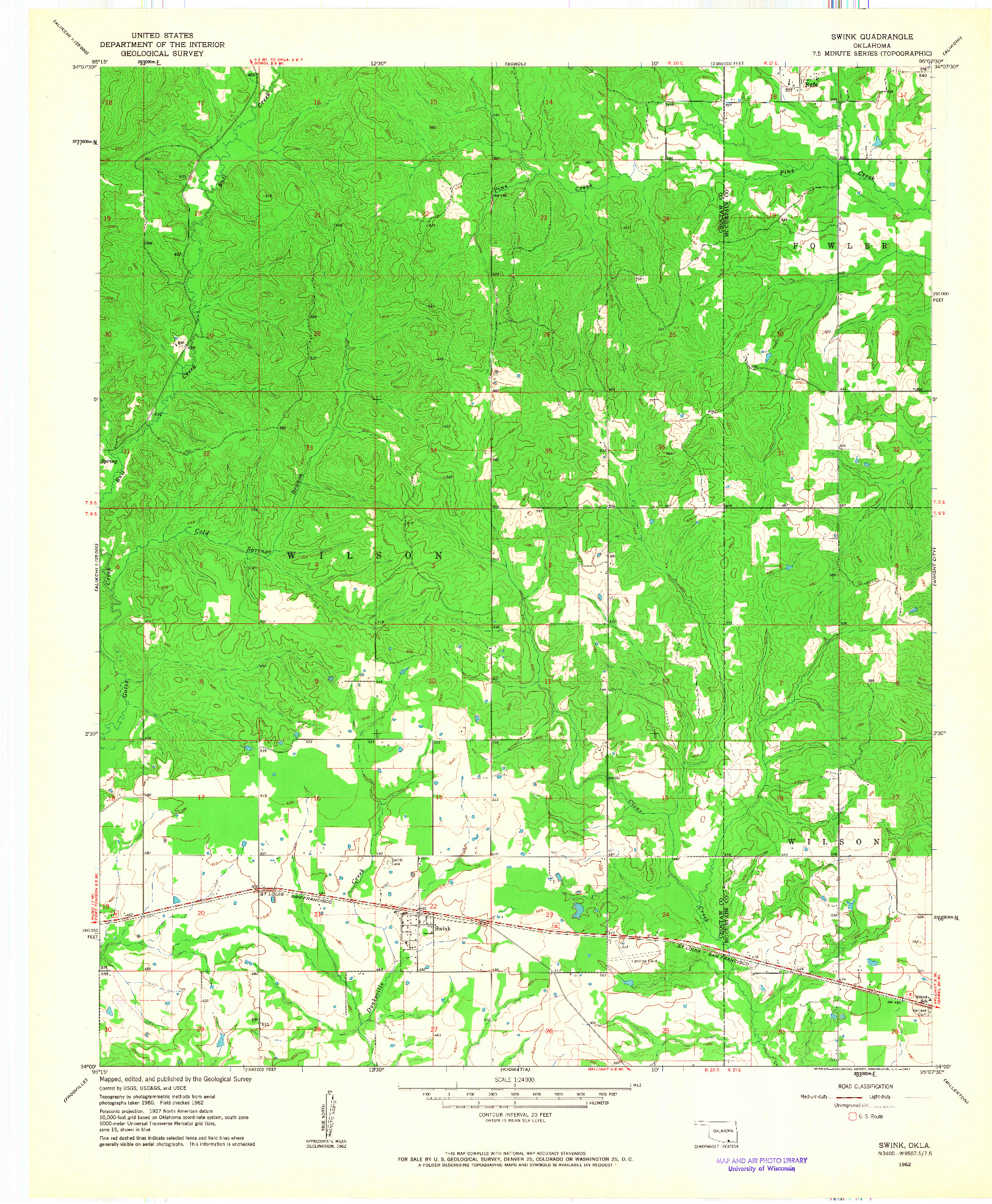 USGS 1:24000-SCALE QUADRANGLE FOR SWINK, OK 1962
