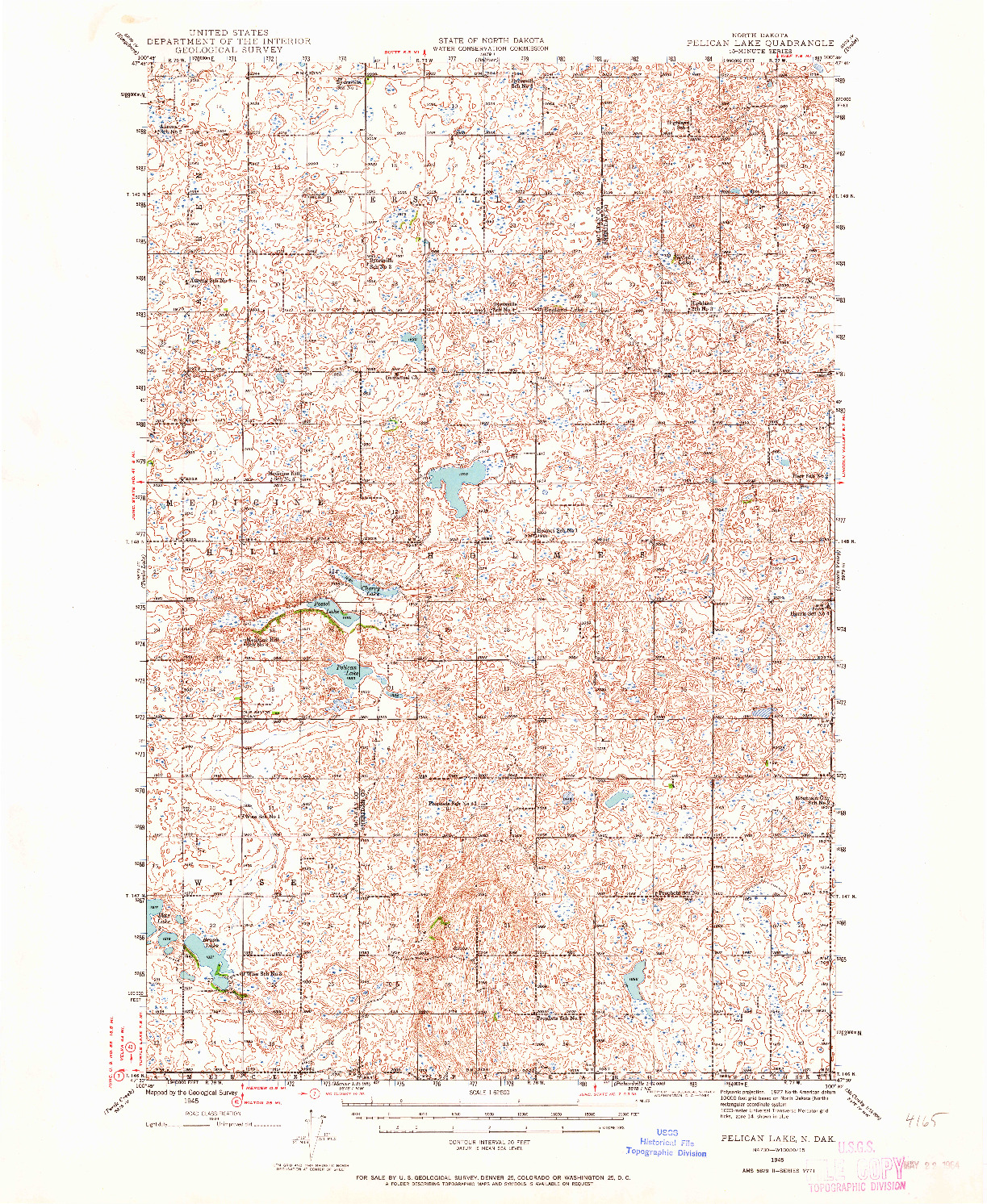 USGS 1:62500-SCALE QUADRANGLE FOR PELICAN LAKE, ND 1945