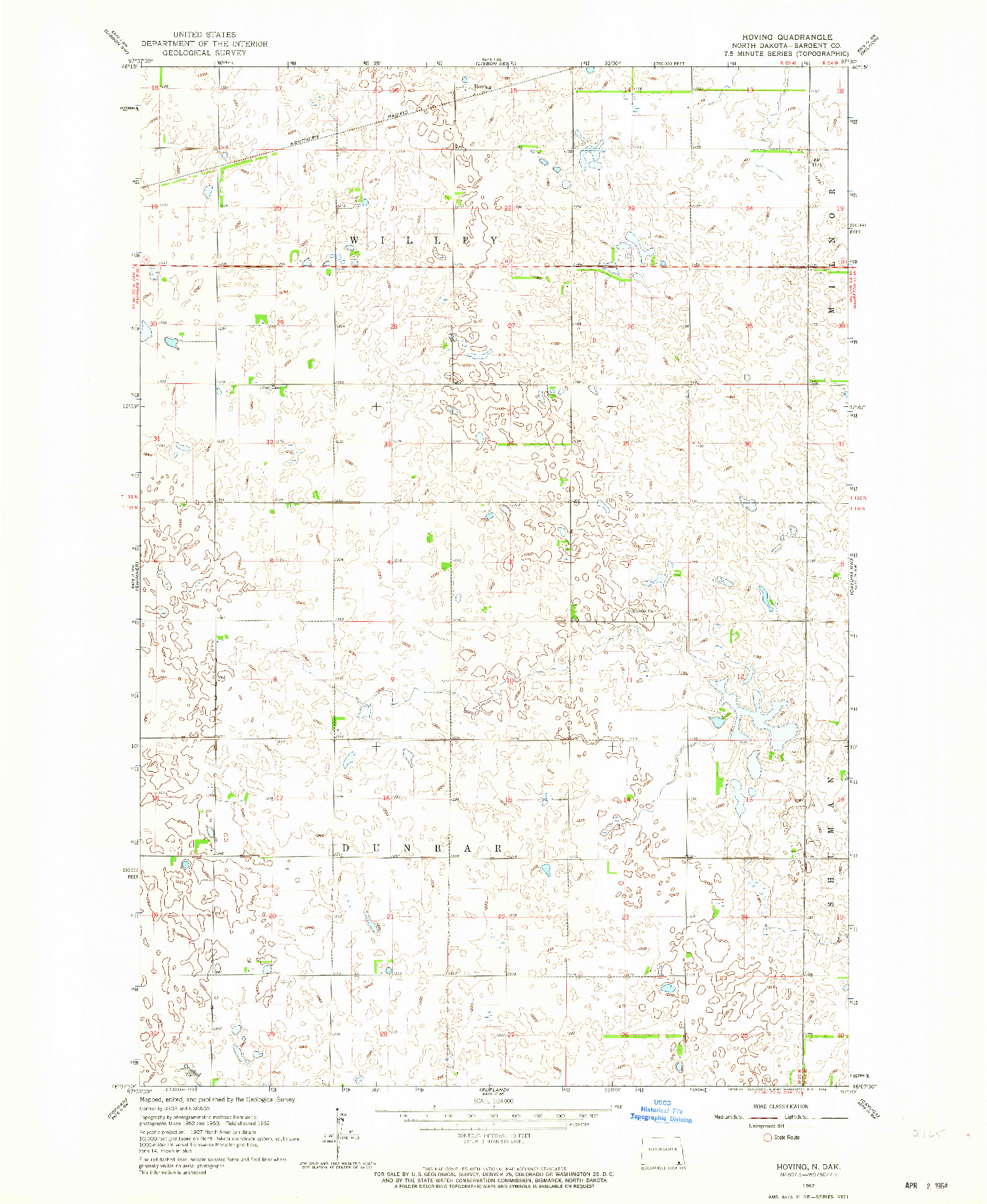 USGS 1:24000-SCALE QUADRANGLE FOR HOVING, ND 1962